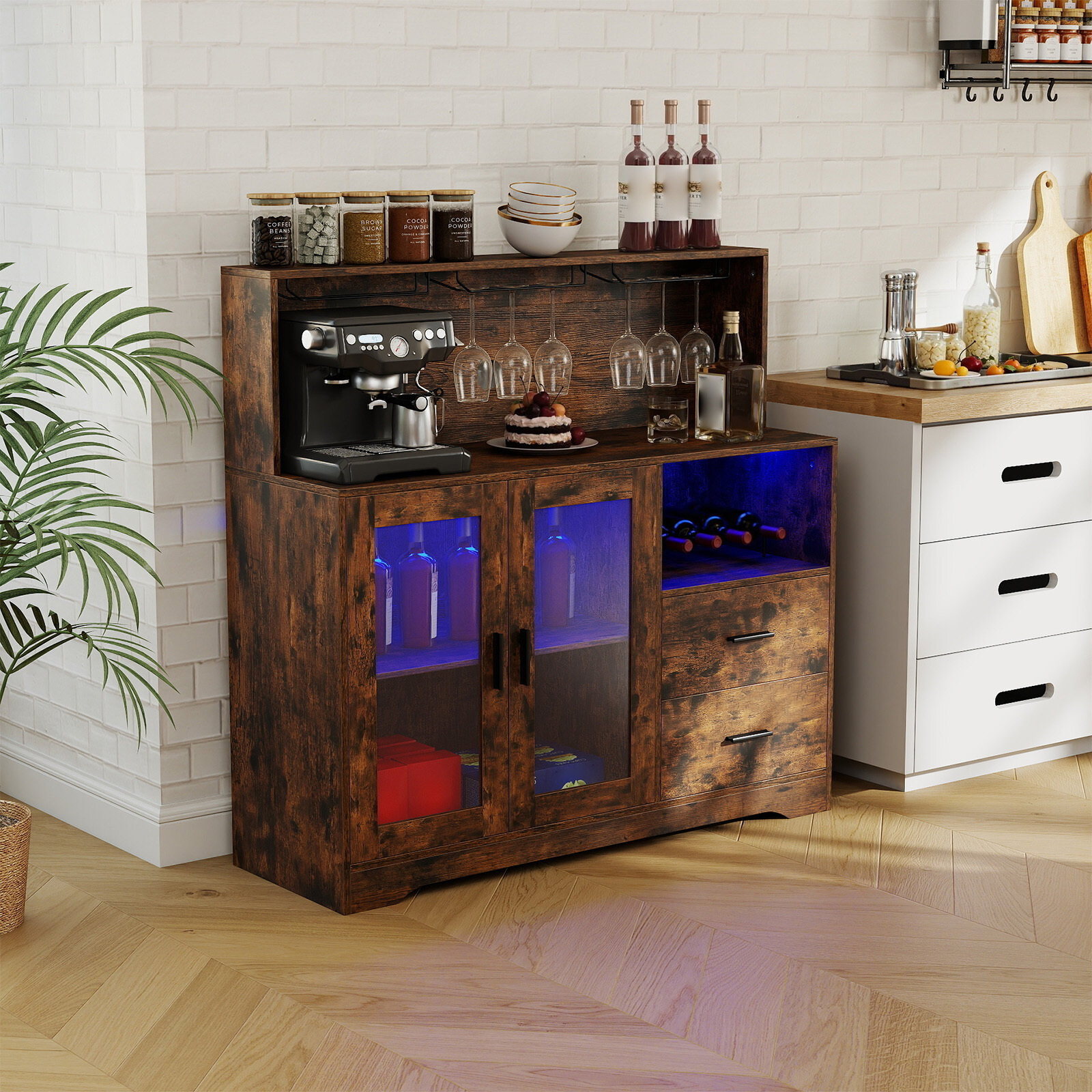 Köögikapp/buffet avatud sahtlitega, pistikupesa ja LED-valgustusega, 120 x 40 x 115,5 cm, pruun