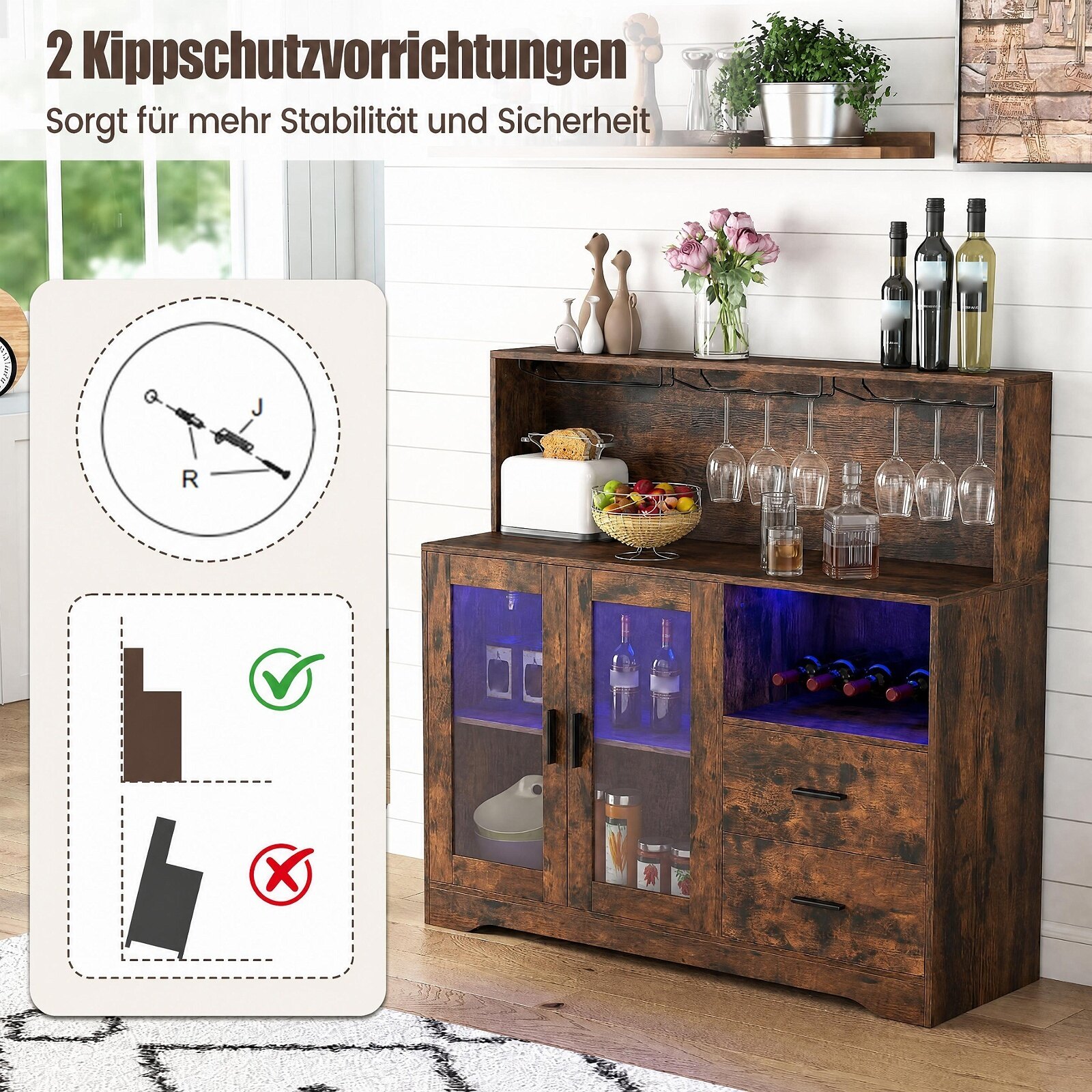 Köögikapp/buffet avatud sahtlitega, pistikupesa ja LED-valgustusega, 120 x 40 x 115,5 cm, pruun