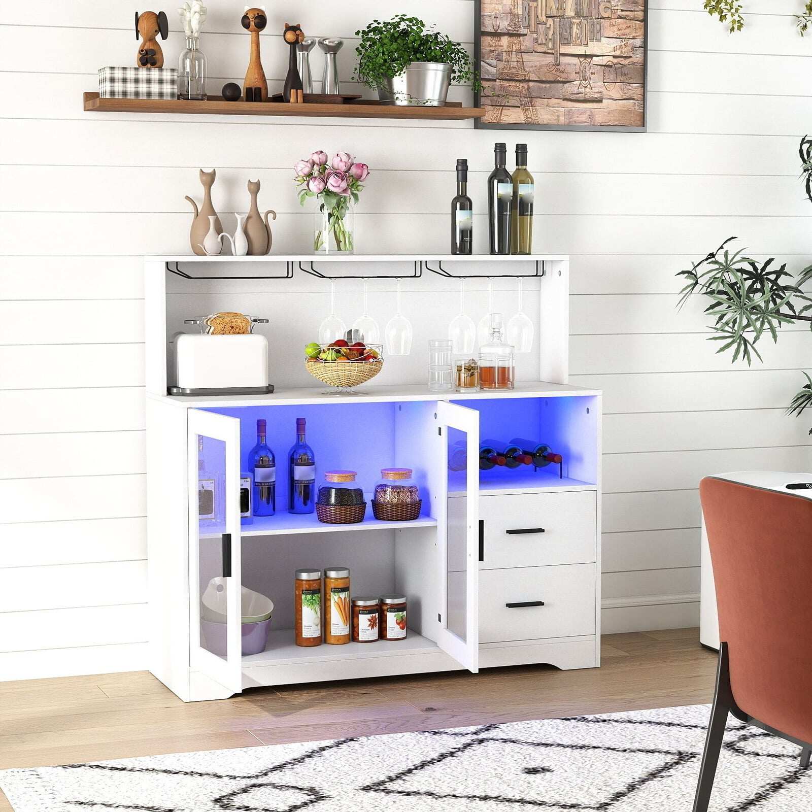 Köögikapp/buffet avatud sahtlitega, pistikupesa ja LED-valgustusega, 120 x 40 x 115,5 cm, valge