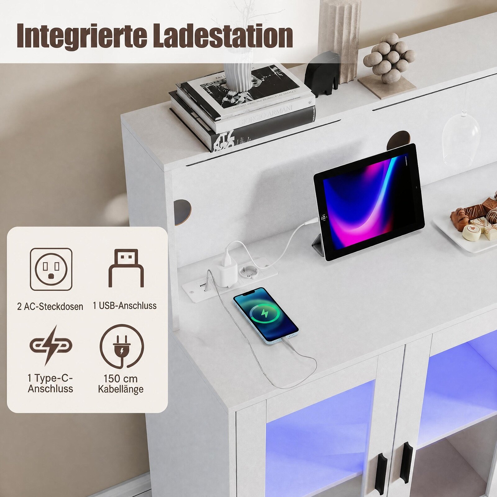 Köögikapp/buffet avatud sahtlitega, pistikupesa ja LED-valgustusega, 120 x 40 x 115,5 cm, valge