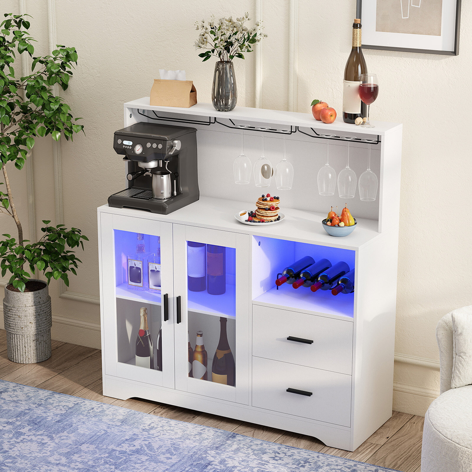 Köögikapp/buffet avatud sahtlitega, pistikupesa ja LED-valgustusega, 120 x 40 x 115,5 cm, valge