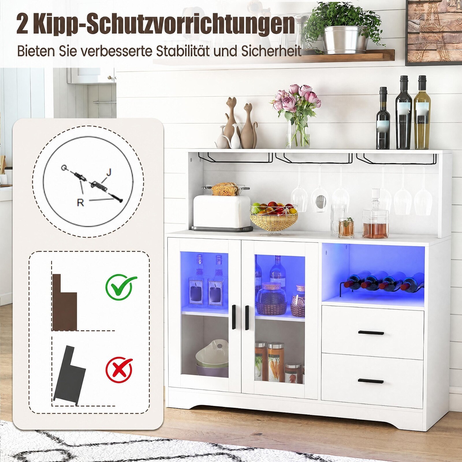 Köögikapp/buffet avatud sahtlitega, pistikupesa ja LED-valgustusega, 120 x 40 x 115,5 cm, valge