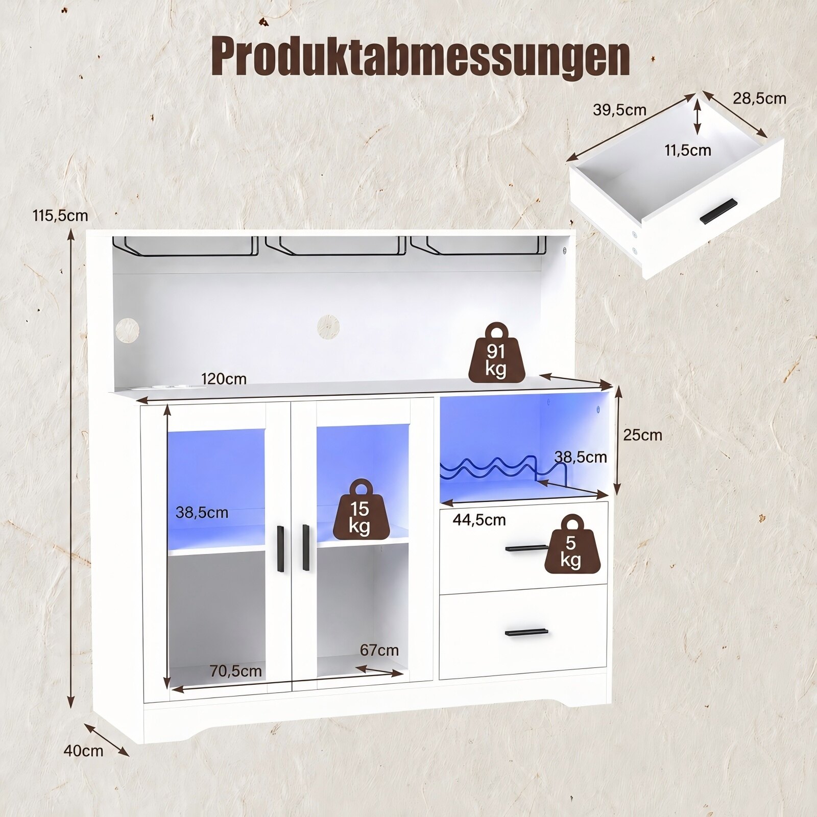 Köögikapp/buffet avatud sahtlitega, pistikupesa ja LED-valgustusega, 120 x 40 x 115,5 cm, valge