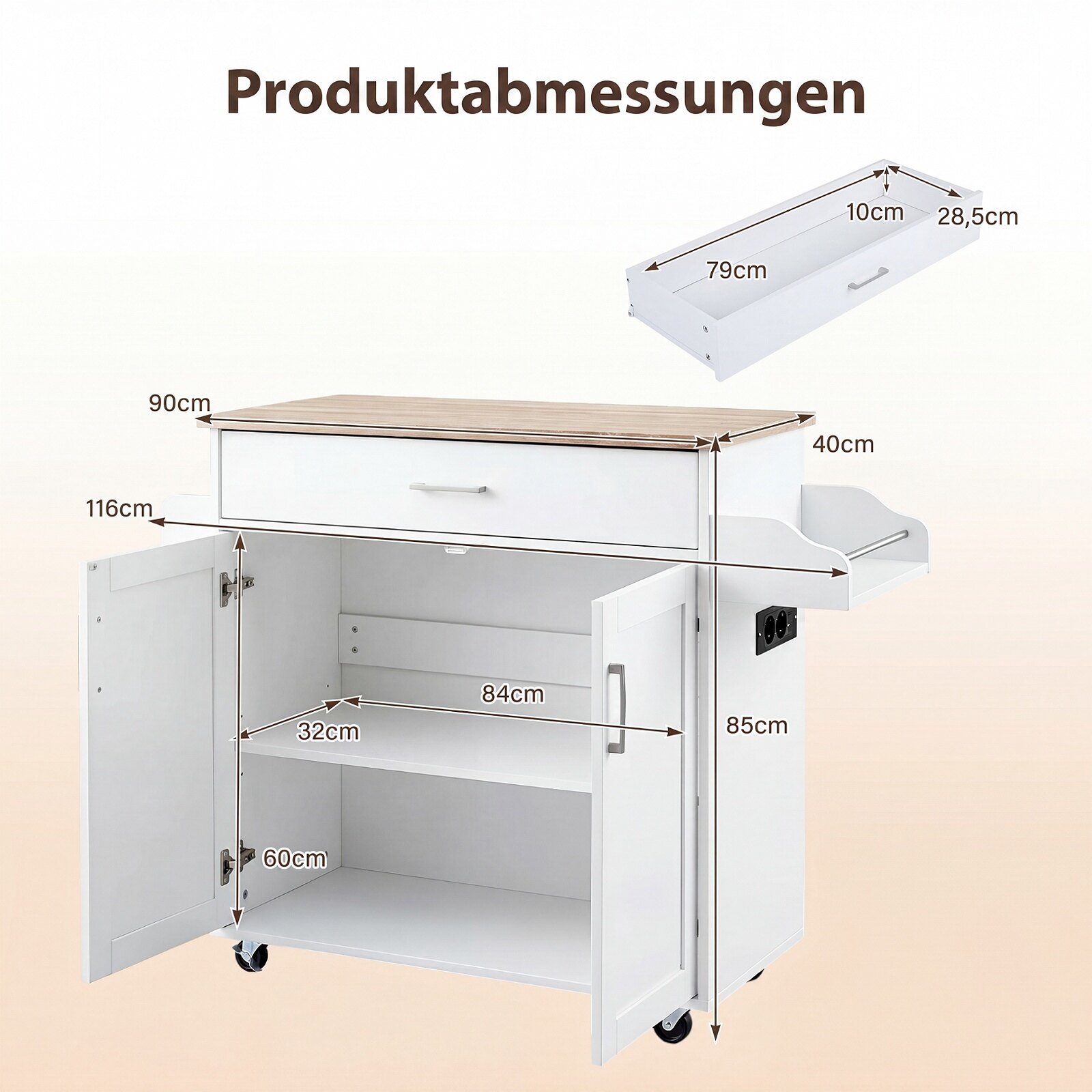 Köögikäru käterätikuivati, maitseaineteriiuli, sahtli ja pistikupesaga, köögisaar, ratastel köögikapp
