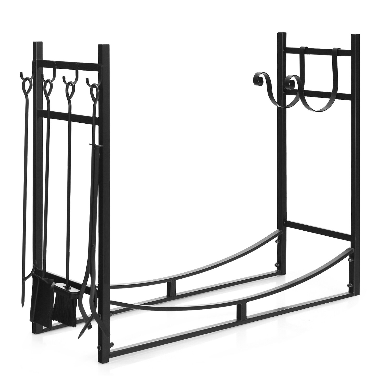 Metallist küttepuude riiul neljaosalise kaminatööriistade komplekti ja konksudega, 85 x 33 x 77 cm, must