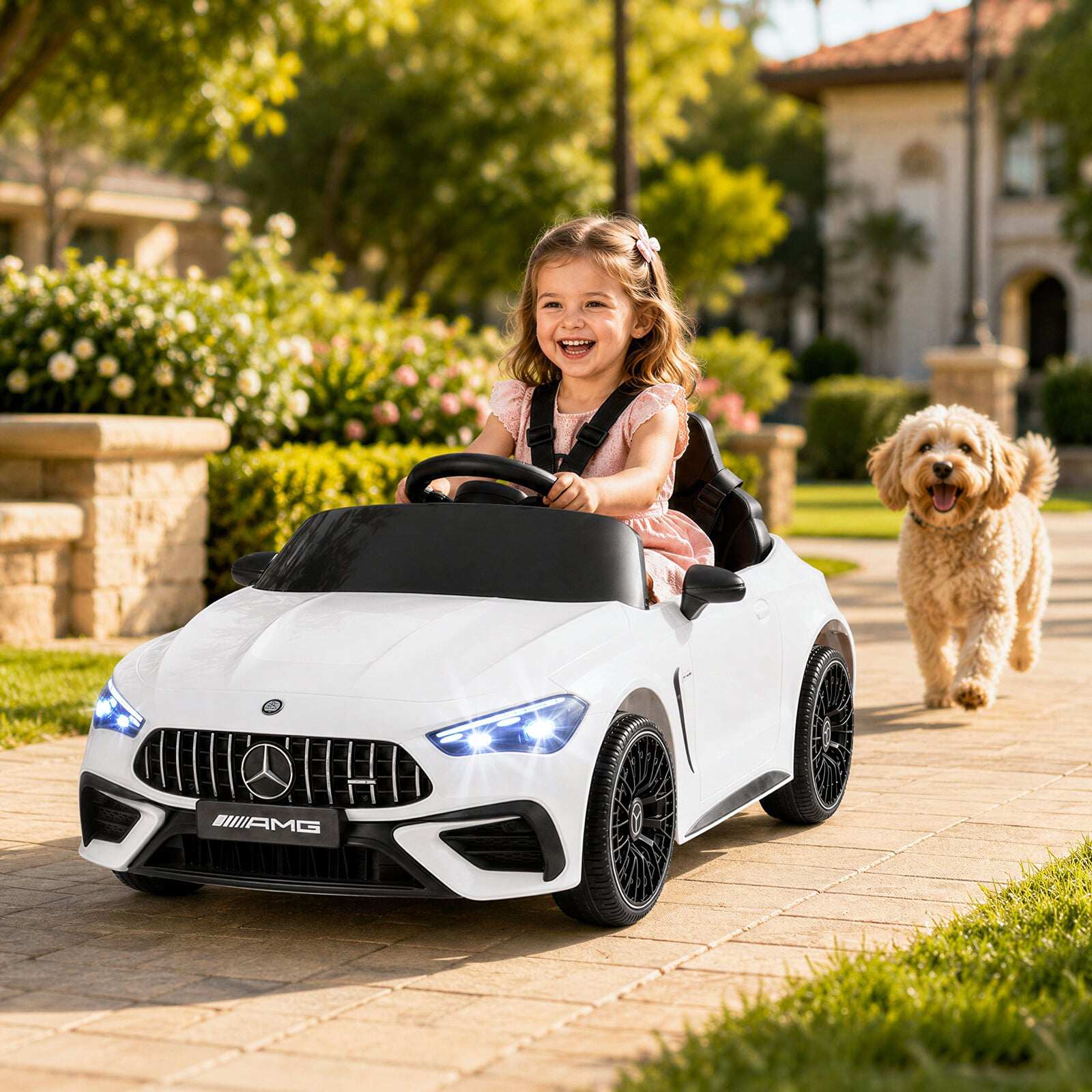 Laste elektriauto 12 V Mercedes-AMG lasteauto LED-tulede ja 2,4 G puldiga valge