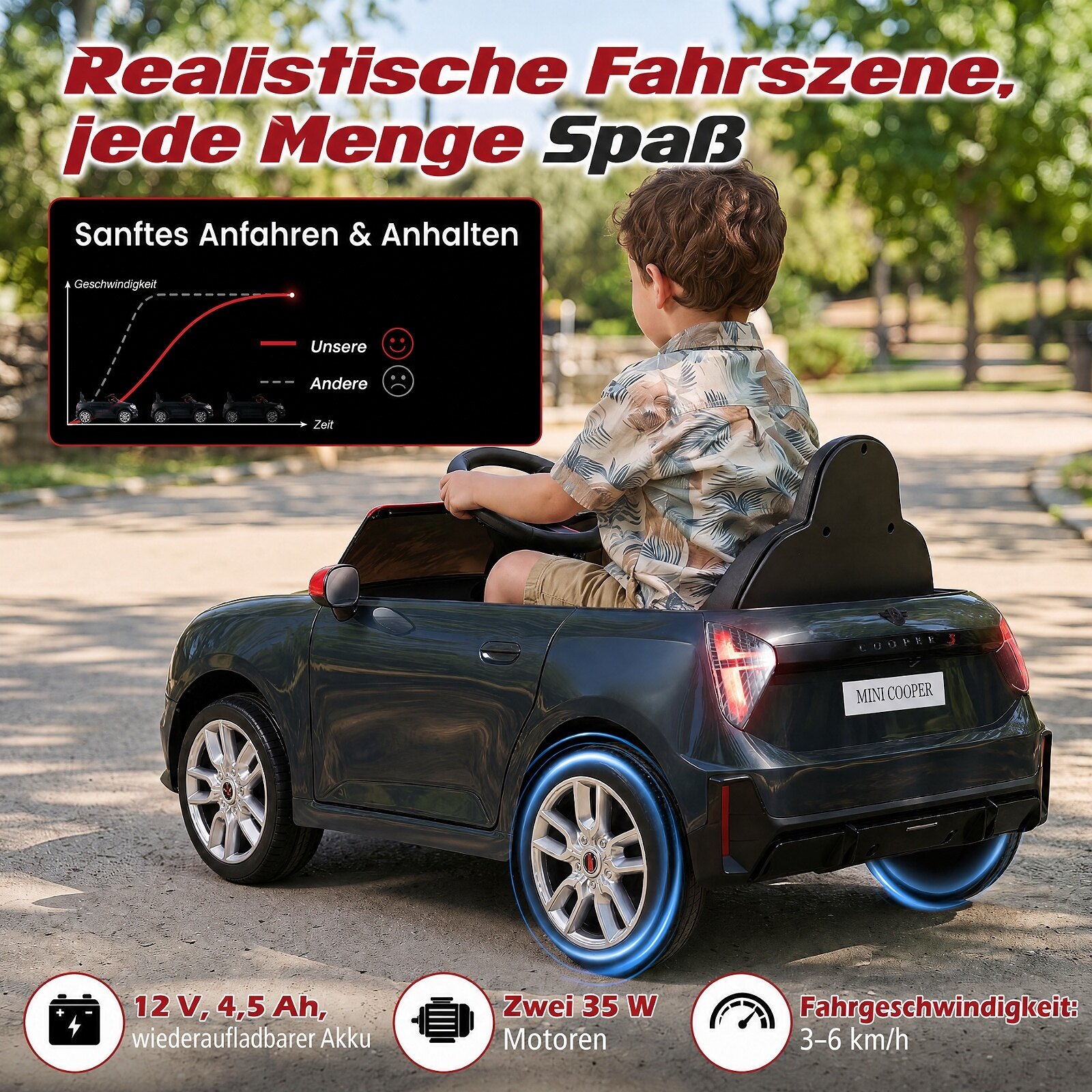 12 V lasteauto BMW Mini disainiga, lastele mõeldud elektriauto puldiga, LED-tulede ja pehme käivitusega, must