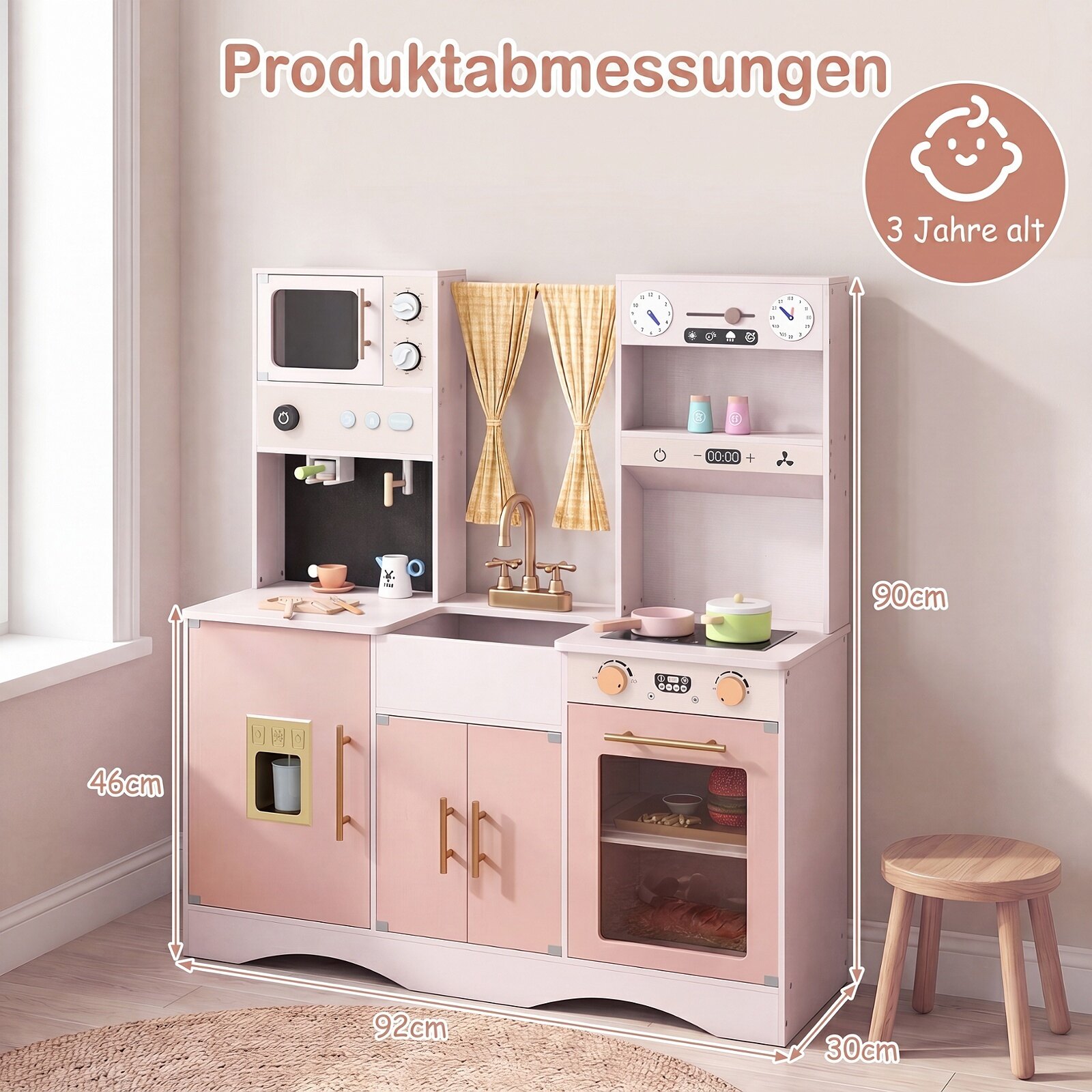 Puidust rollimänguköök mikrolaineahju ja kohvimasinaga, vanuses 3+ - roosa