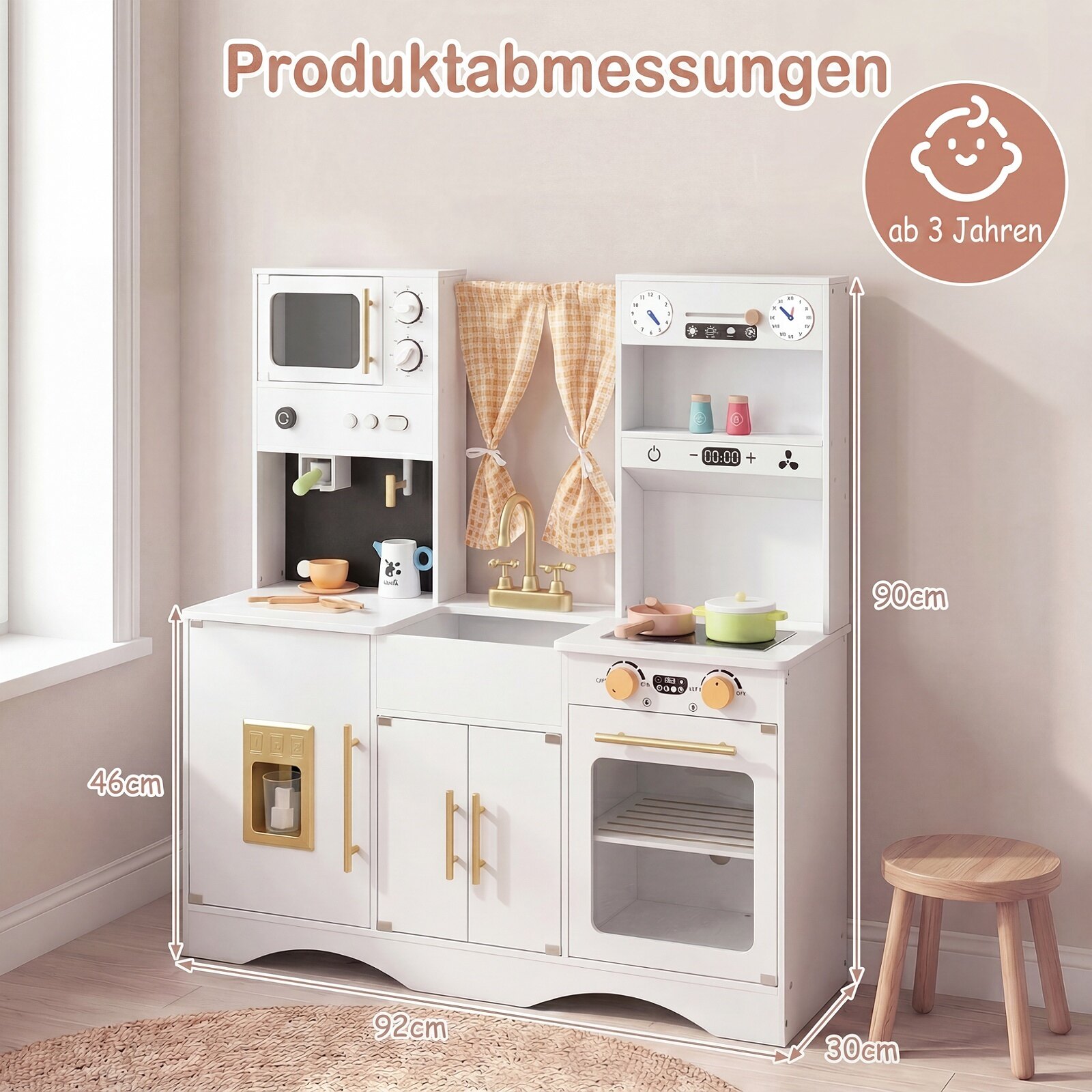 Puidust rollimänguköök mikrolaineahju ja kohvimasinaga, vanuses 3+ - valge