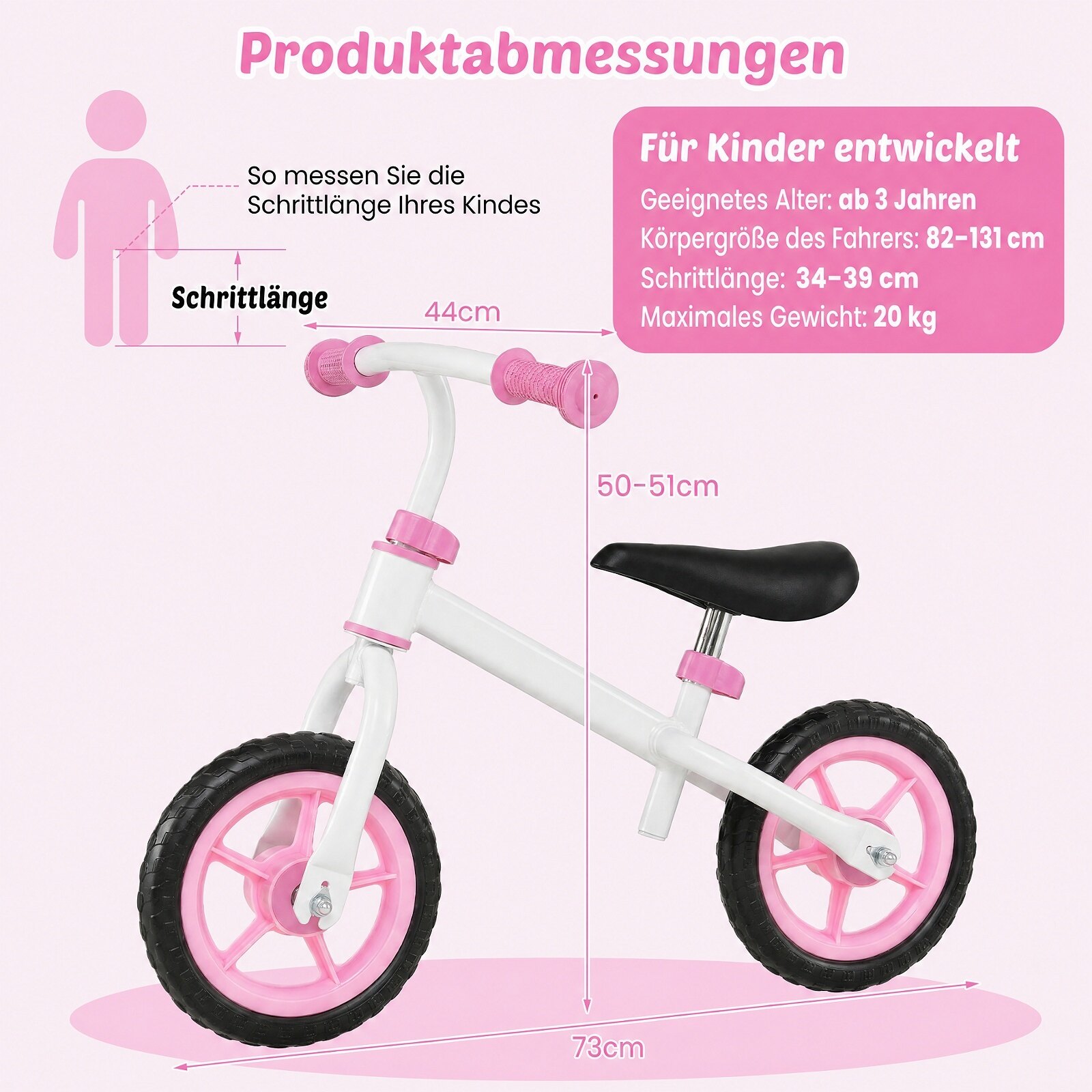 Laste tasakaaluratas kõrgusega reguleeritava lenkstangiga lastele alates 3. eluaastast, kandevõime 20 kg, roosa
