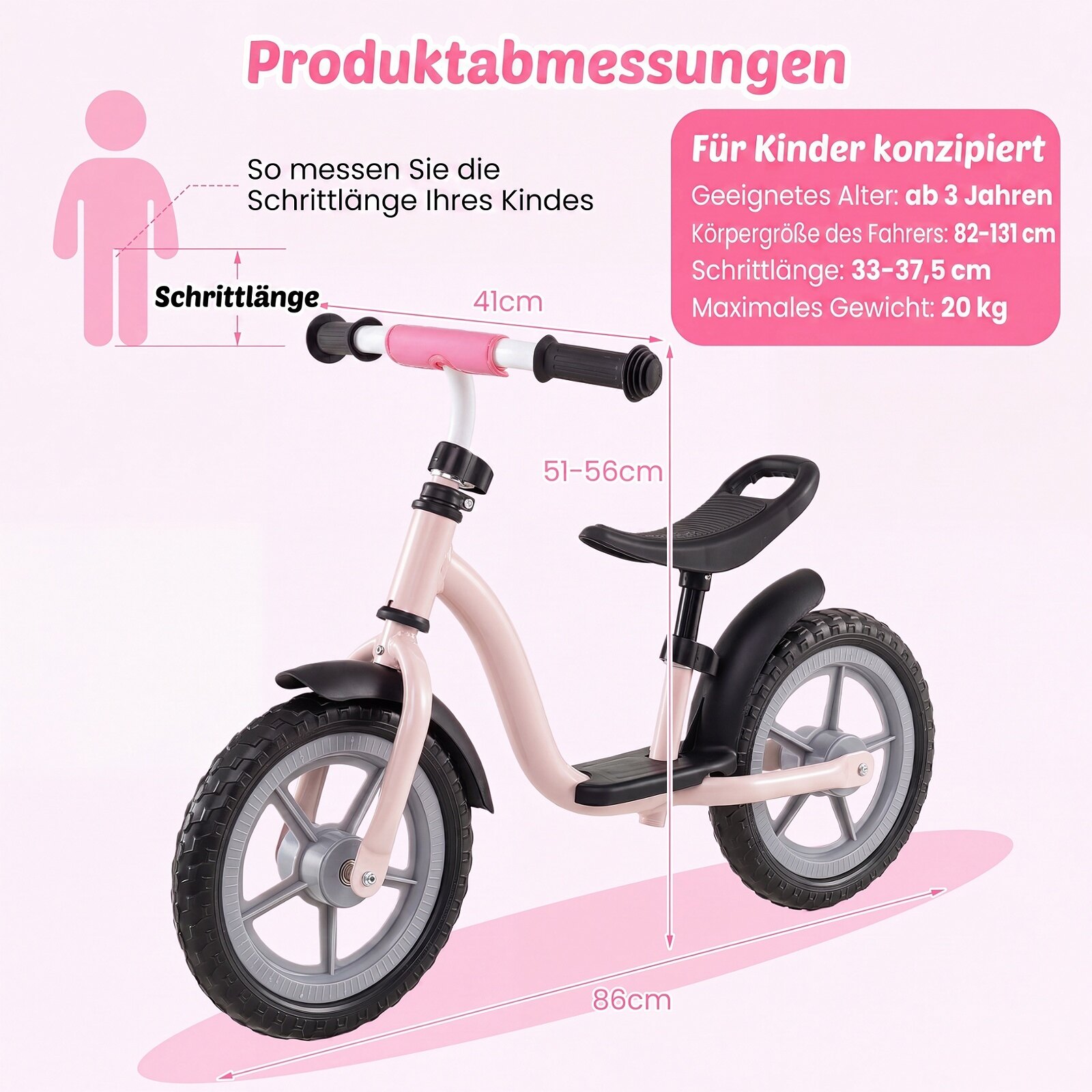 Laste tasakaaluratas mitmeotstarbelise sadula ja lenkstangiga lastele alates 3. eluaastast, roosa