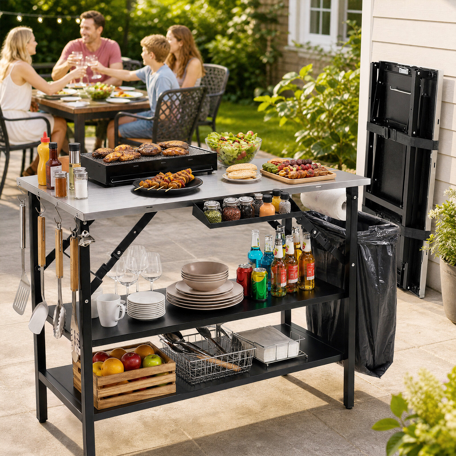 Kokkupandav matkalaud kahe roostevabast terasest töötasapinnaga. Kaasaskantav grilllaud vürtsirestiga.