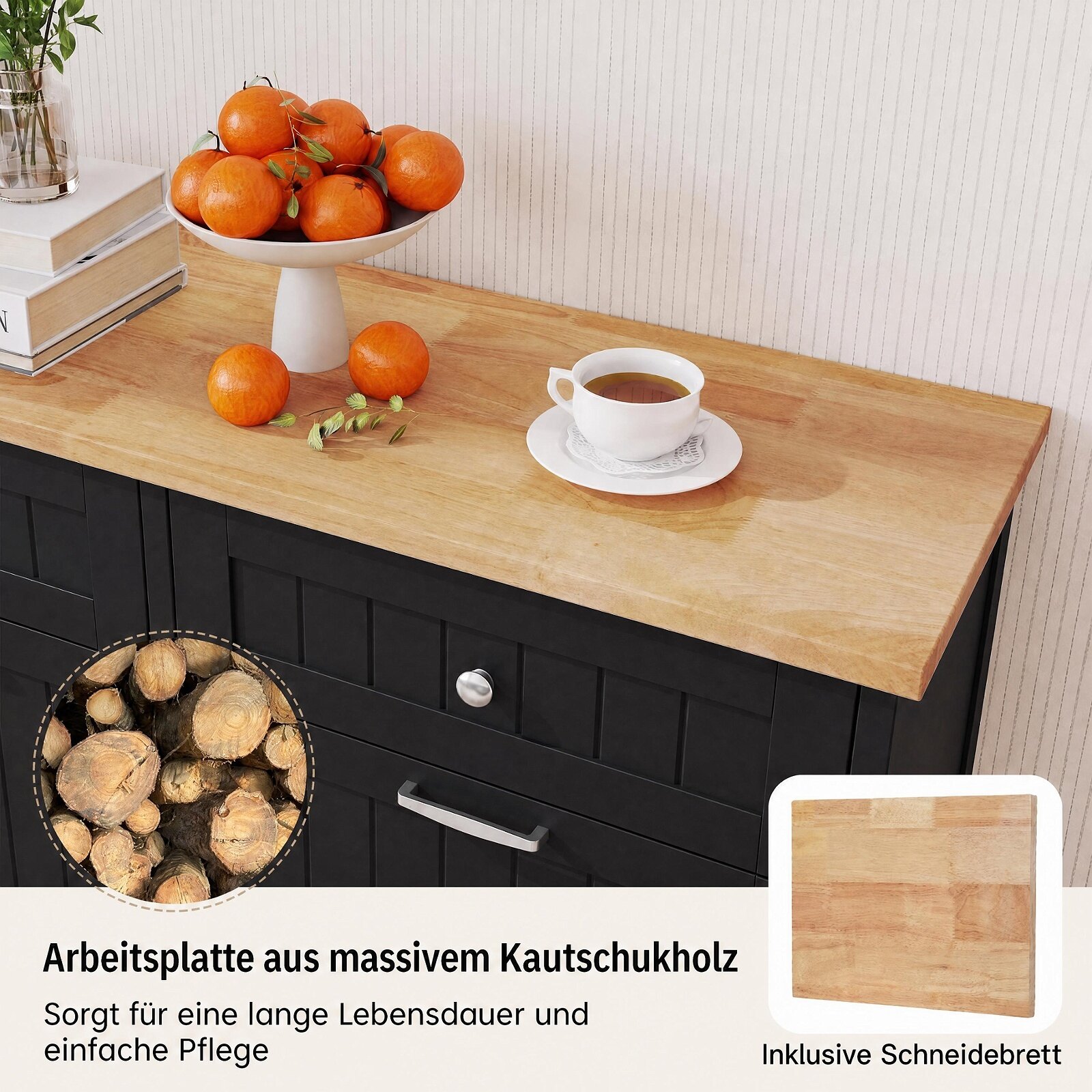 Prügikastidele mõeldud kummut, 2 ust, lõikelaud, puidust töötasapind ja 2 sahtlit, must
