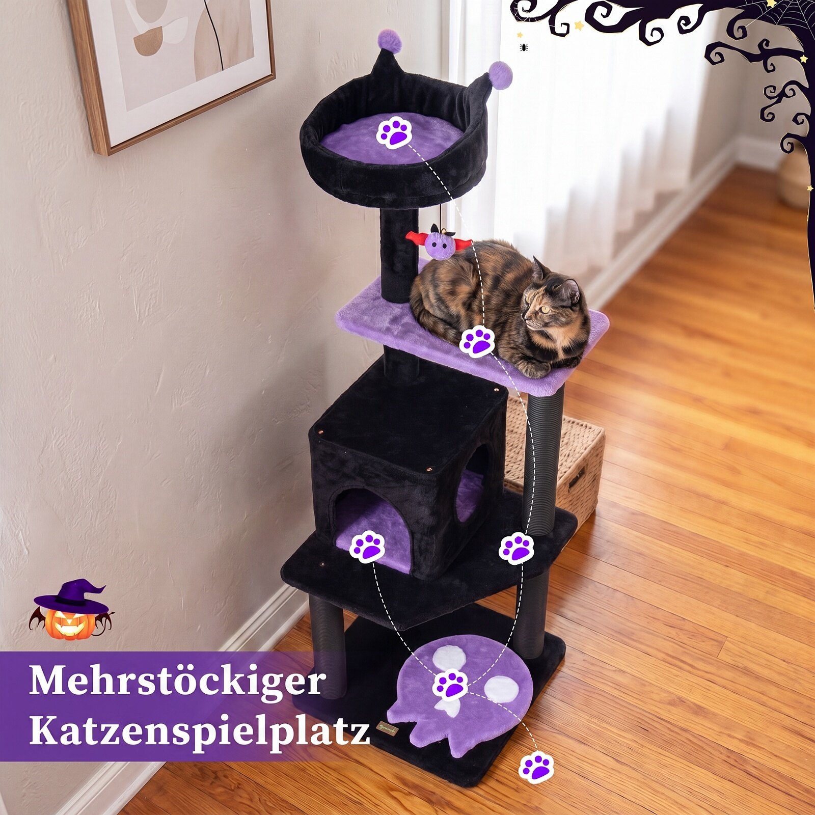 144 cm gooti stiilis kassipuu kraapimispostidega, voodi ja kassikoobas, must ja lilla