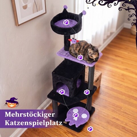 144 cm gooti stiilis kassipuu kraapimispostidega, voodi ja kassikoobas, must ja lilla