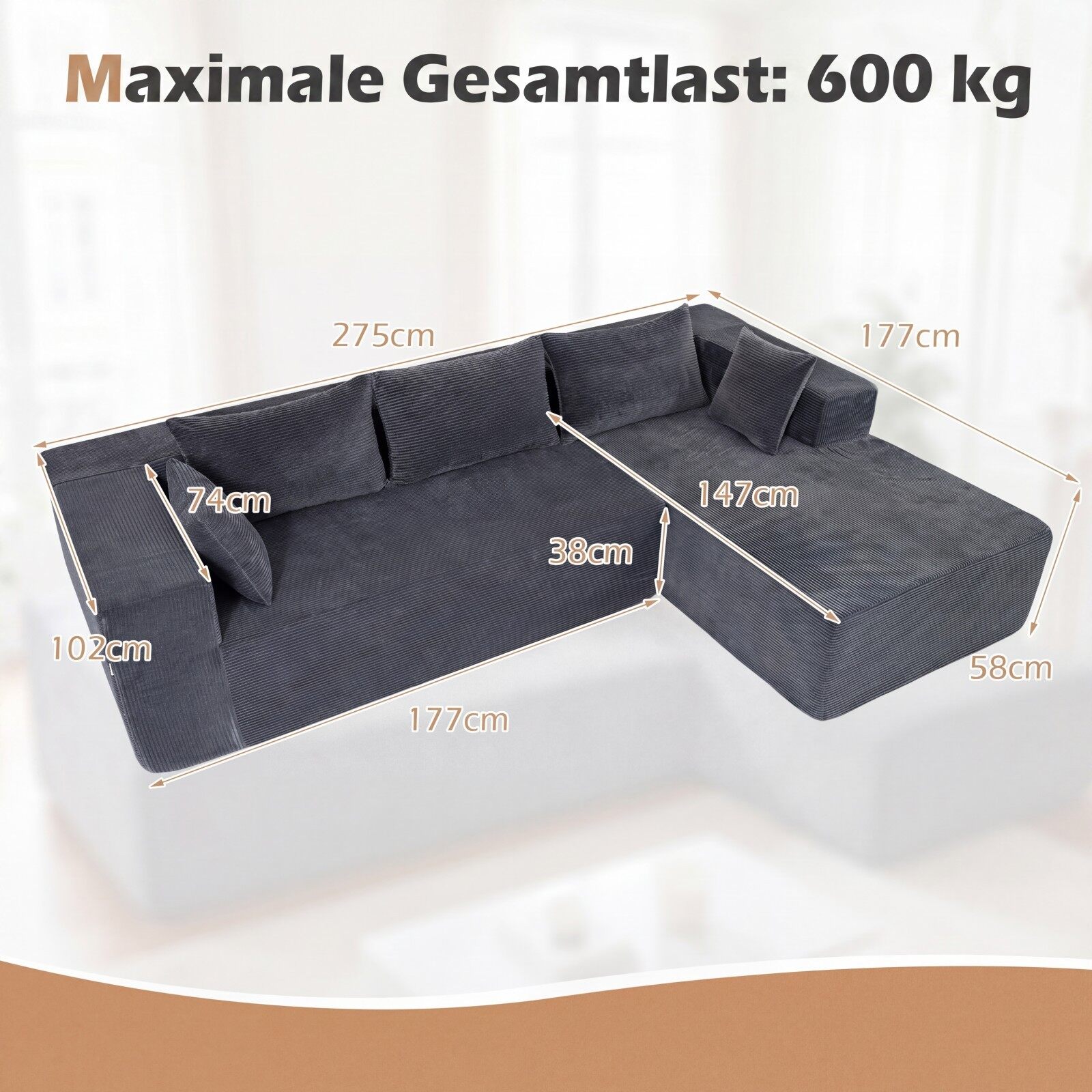 L-kujuline mooduldiivan neljale inimesele lamamisdiivaniga, kandevõime kuni 600 kg, 275 x 177 x 58 cm, hall