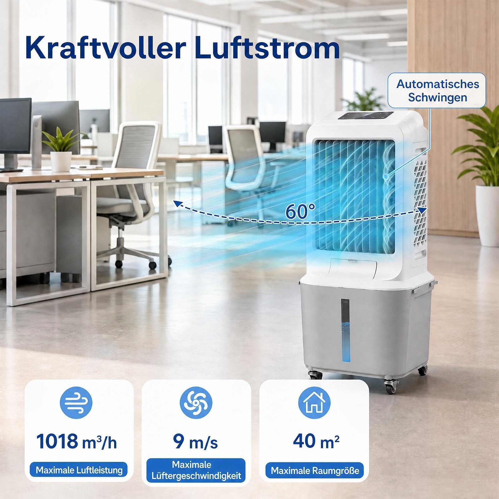 Kaasaskantav õhujahuti puldiga, 3 tuulekiiruse ja 3 töörežiimiga, ratastega jahutusventilaator
