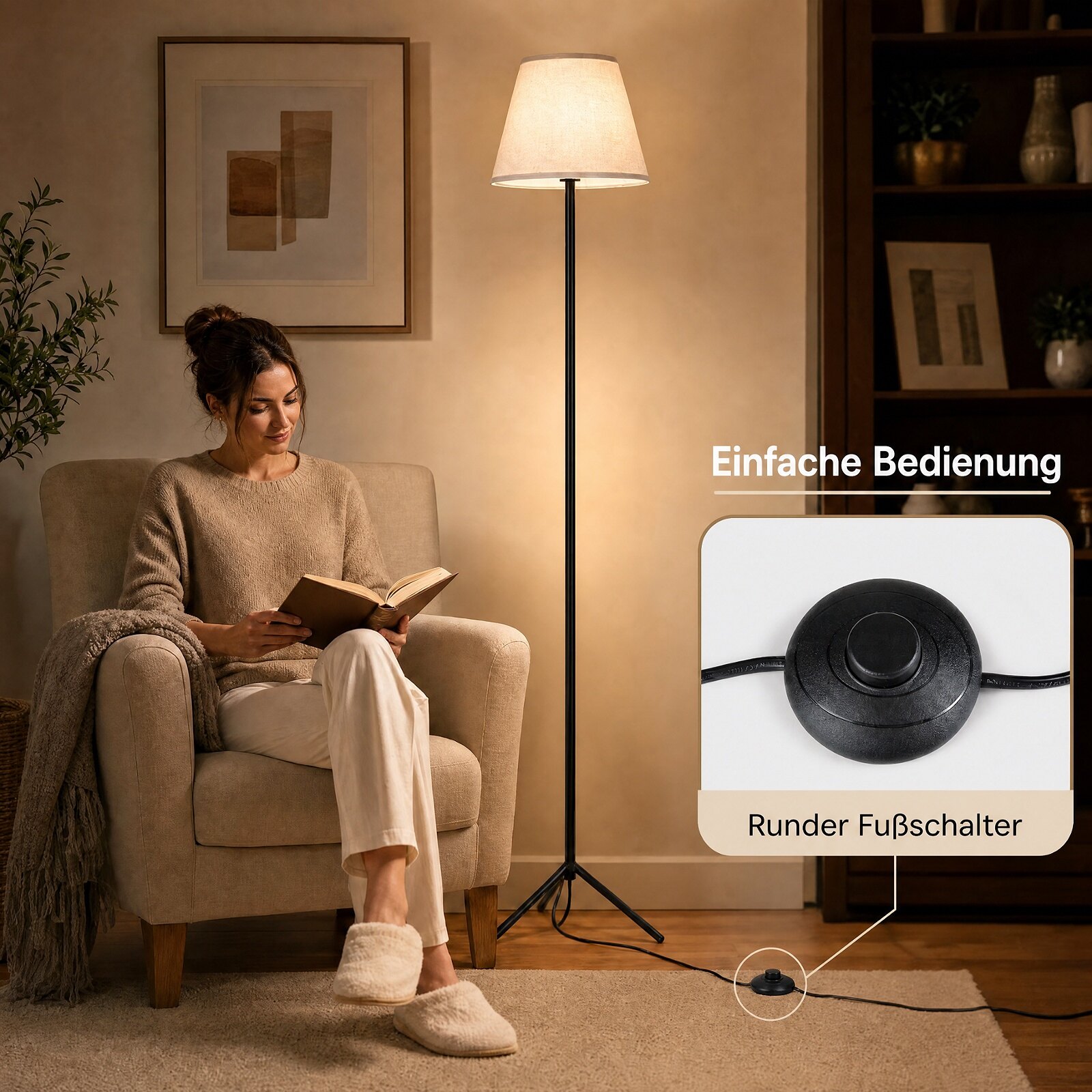Moodne põrandalamp kangast varju, E27 pesa, statiiviga metallraami ja jalglülitiga