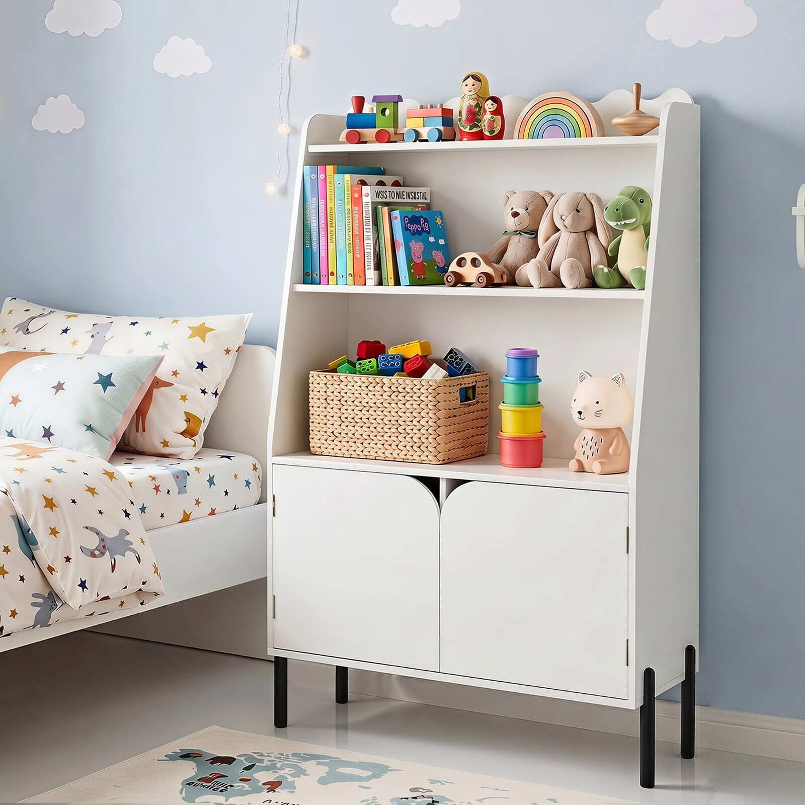 Montessori laste puidust riiul 3 avatud sektsiooni ja 2 uksega 80 x 30 x 121 cm valge