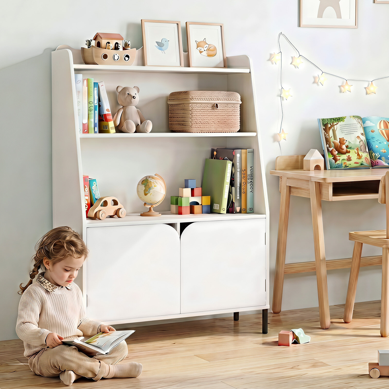 Montessori laste puidust riiul 3 avatud sektsiooni ja 2 uksega 80 x 30 x 121 cm valge
