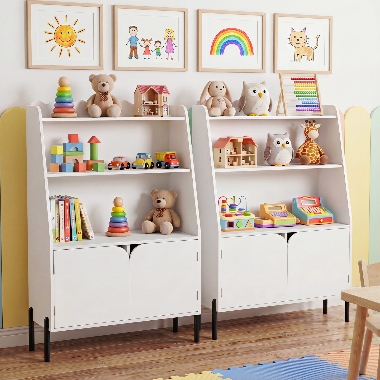 Montessori laste puidust riiul 3 avatud sektsiooni ja 2 uksega 80 x 30 x 121 cm valge