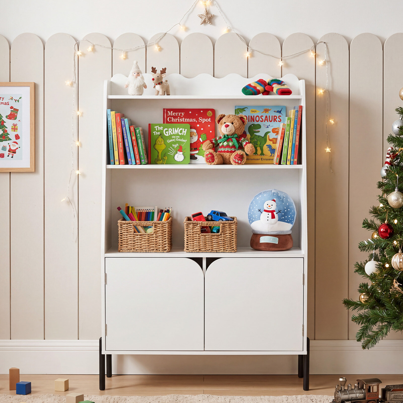 Montessori laste puidust riiul 3 avatud sektsiooni ja 2 uksega 80 x 30 x 121 cm valge