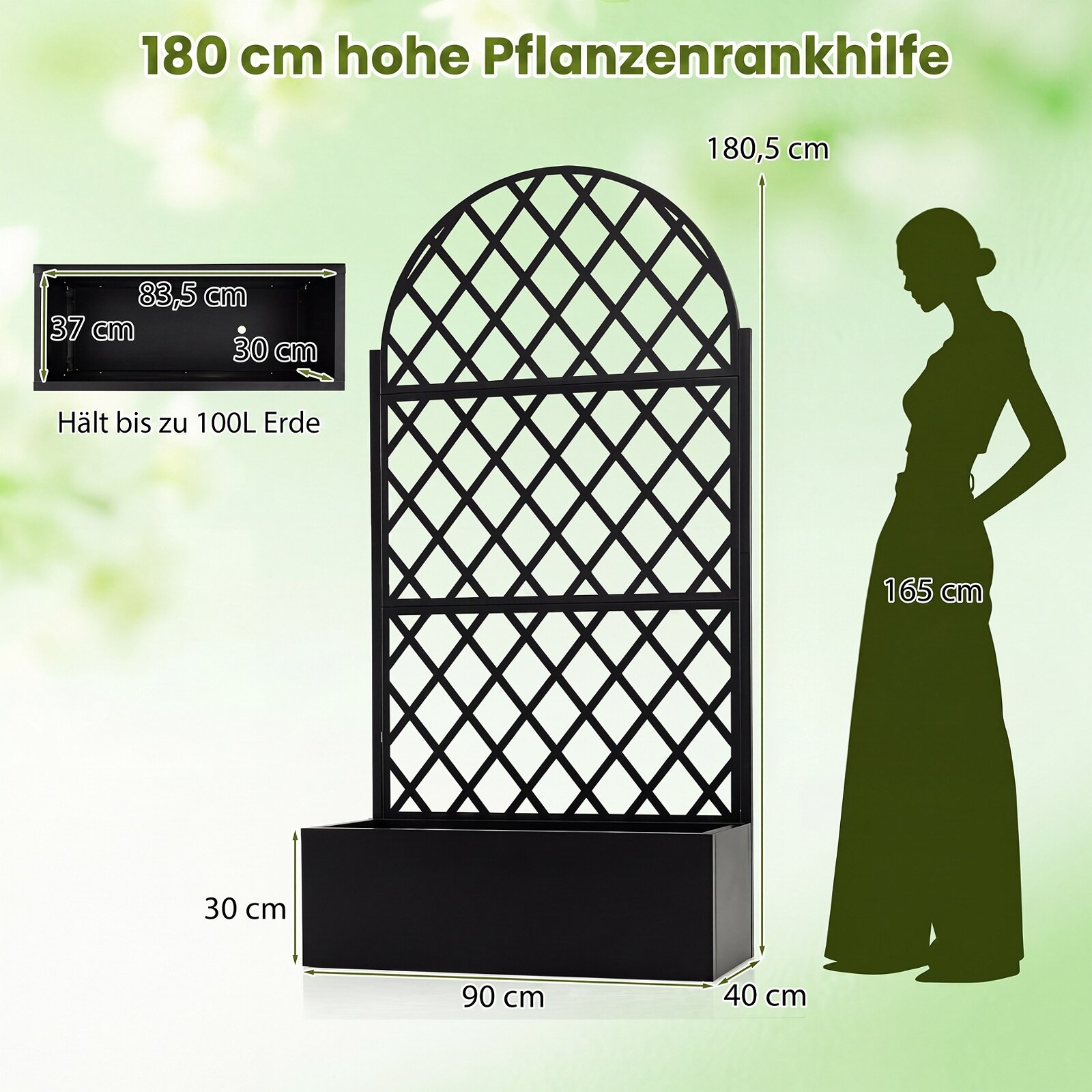 Lillekast võrega, privaatsust tagav vari lillekasti ja drenaažiavadega, metallist, 90 x 40 x 180 cm, must