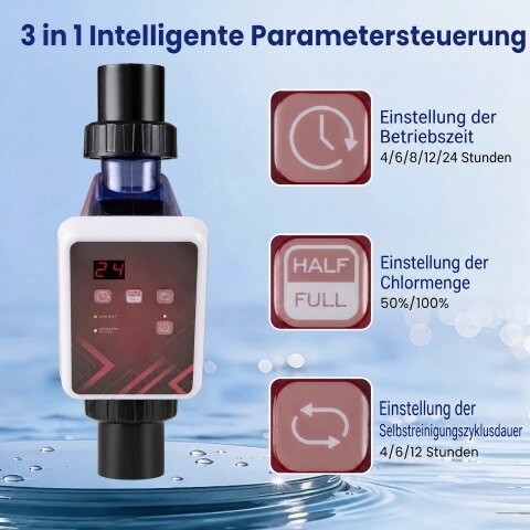 Basseini soolaklorinaator soolase vee elektrolüüsi, taimeri ja isepuhastuva elektrolüüsiseadmega basseinidele