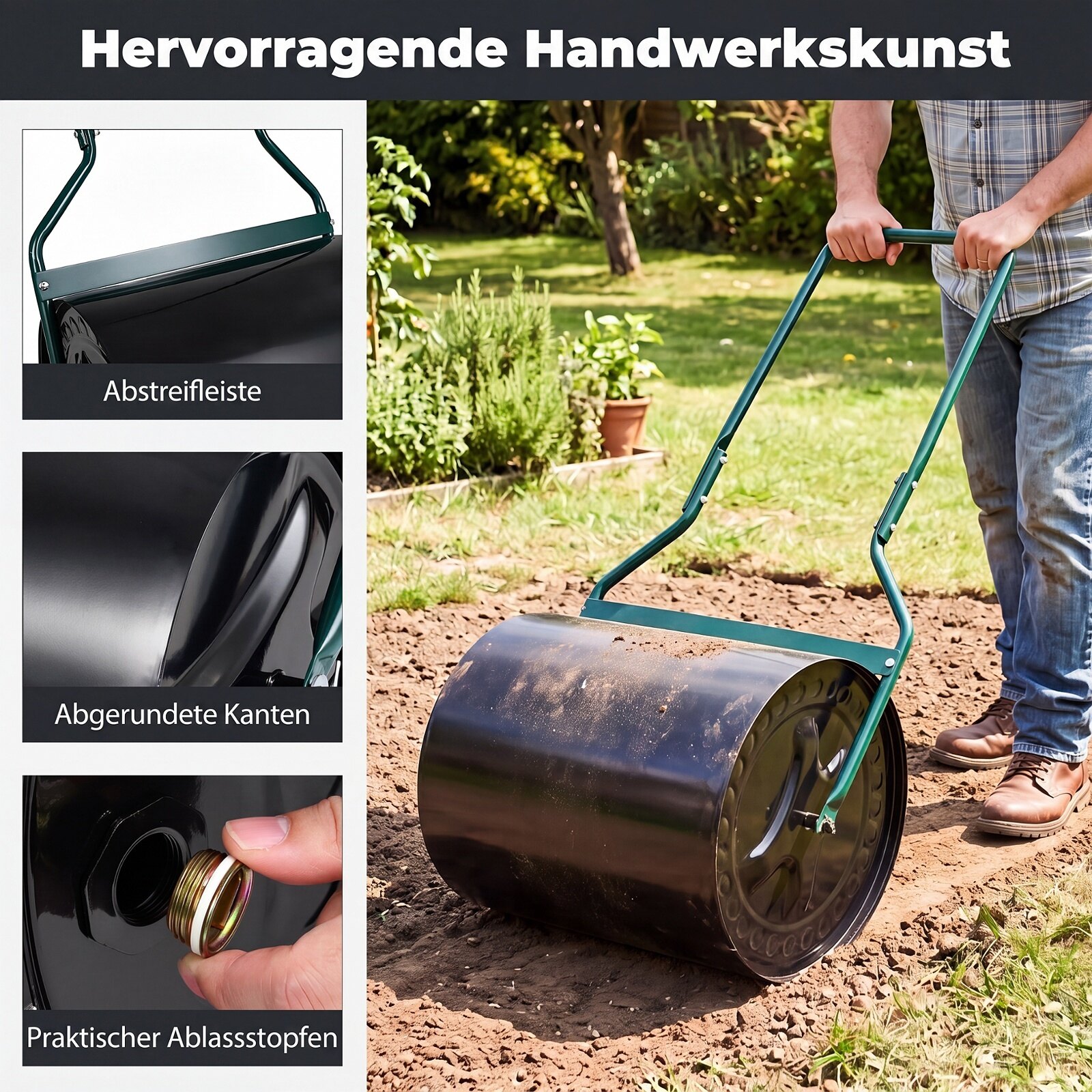 Mururull 16-gallonine vee/liivaga täidetud aiarull lekkekindla sisselaskeavaga