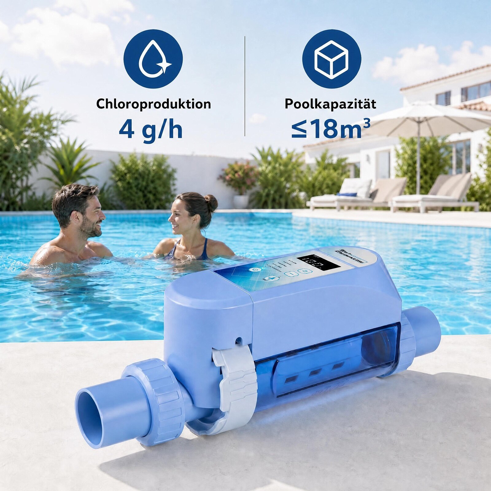 Automaatne soolaklorinaatori generaator basseinidele kuni 18 m³; soolaklorinaatori süsteem soolase veega basseinidele