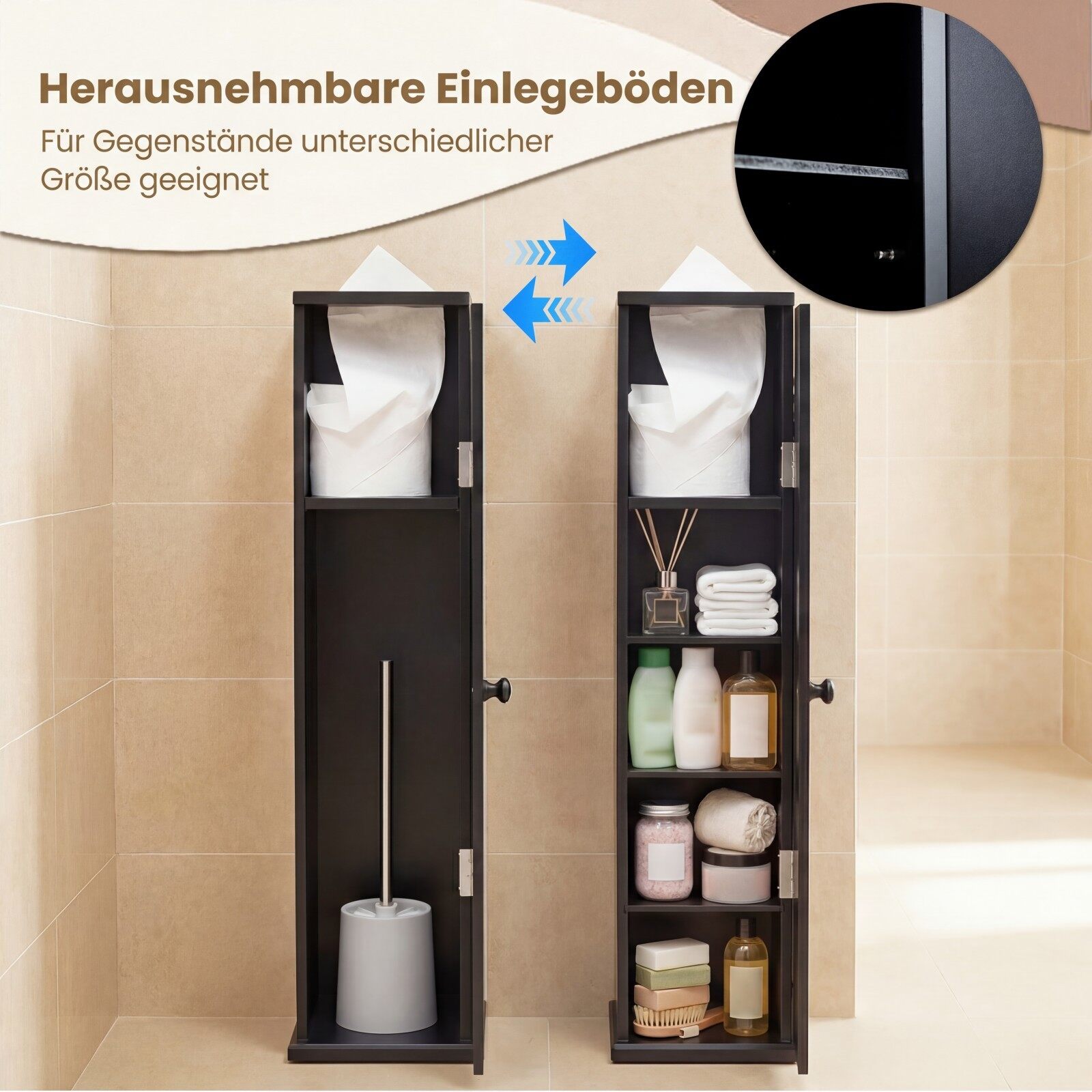 Kitsas vannitoakapp 3 eemaldatava riiuliga, 16 cm lai, must