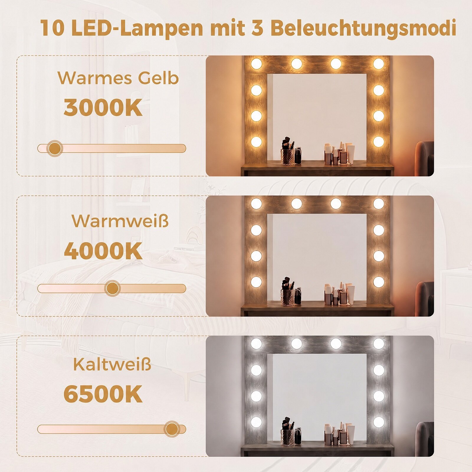 Tualettlaud LED-valgustusega, reguleeritava heledusega, peegliga meiklaud, maalähedane pruun