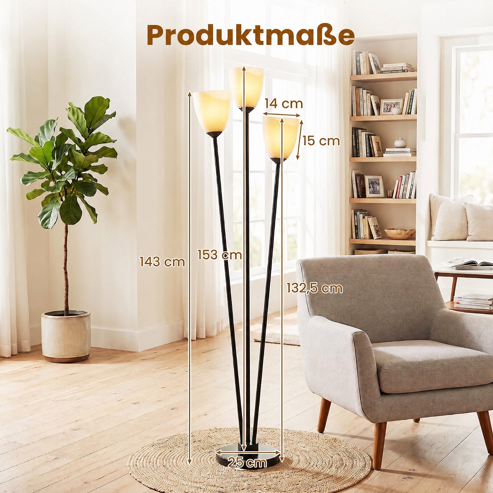 Põrandalamp 153 cm, põrandalamp 3 E27 pesaga, lugemislamp, 3 lambipirni ja lambivarjuga, must