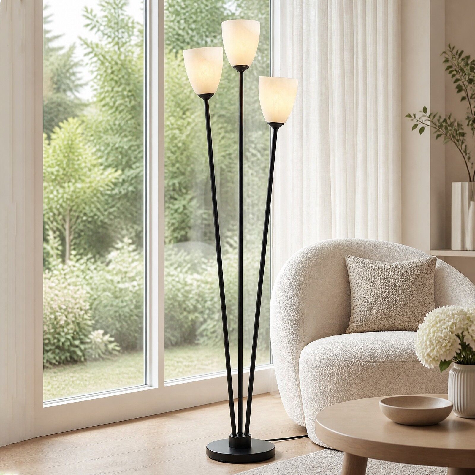 Põrandalamp 153 cm, põrandalamp 3 E27 pesaga, lugemislamp, 3 lambipirni ja lambivarjuga, must