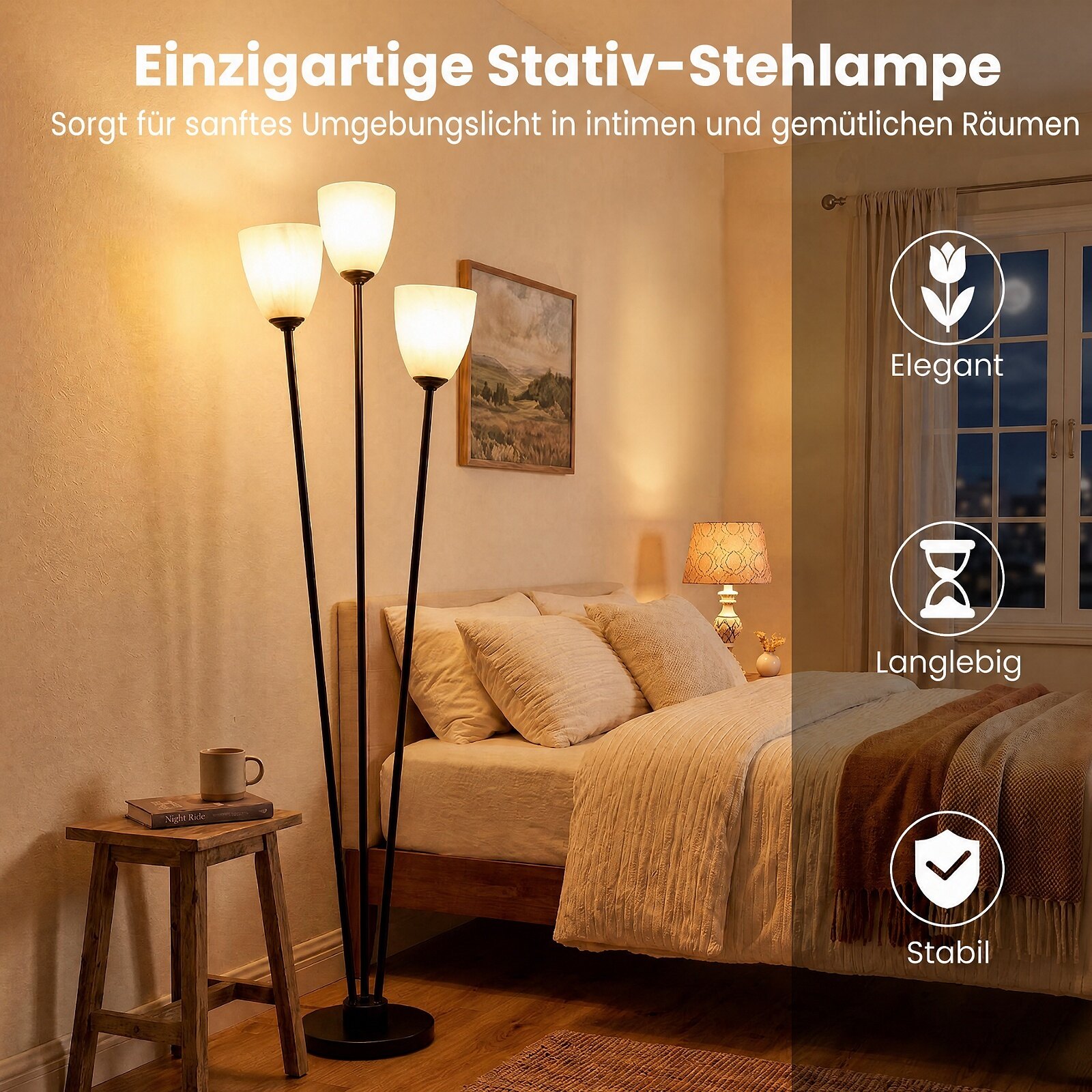 Põrandalamp 153 cm, põrandalamp 3 E27 pesaga, lugemislamp, 3 lambipirni ja lambivarjuga, must