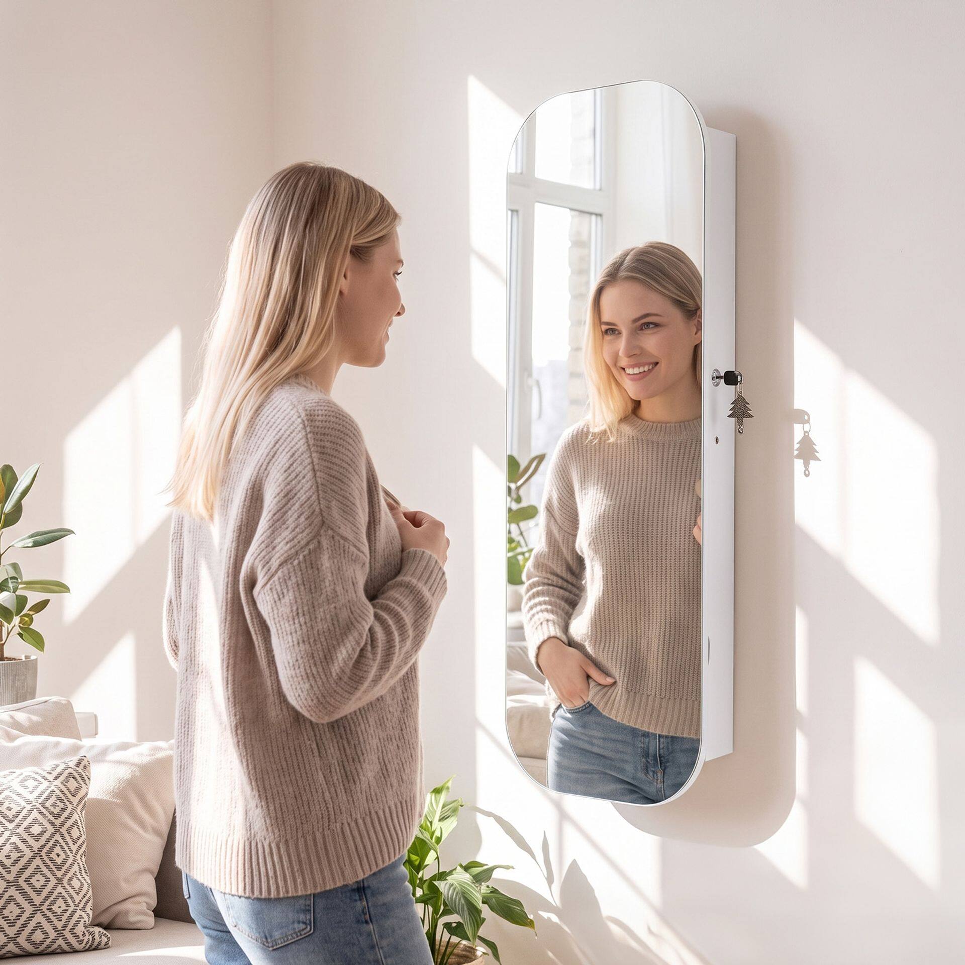 Jewelry Cabinet with Full-Length Mirror Large Storage Capacity-White Jewelry Cabinet with Full-Length Mirror Large Storage Capacity-White