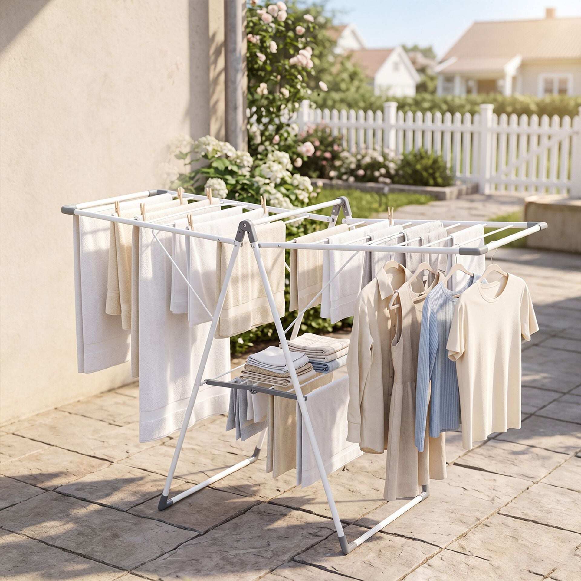 Foldable Clothes Drying Rack with 3-Level Adjustable Wings-White