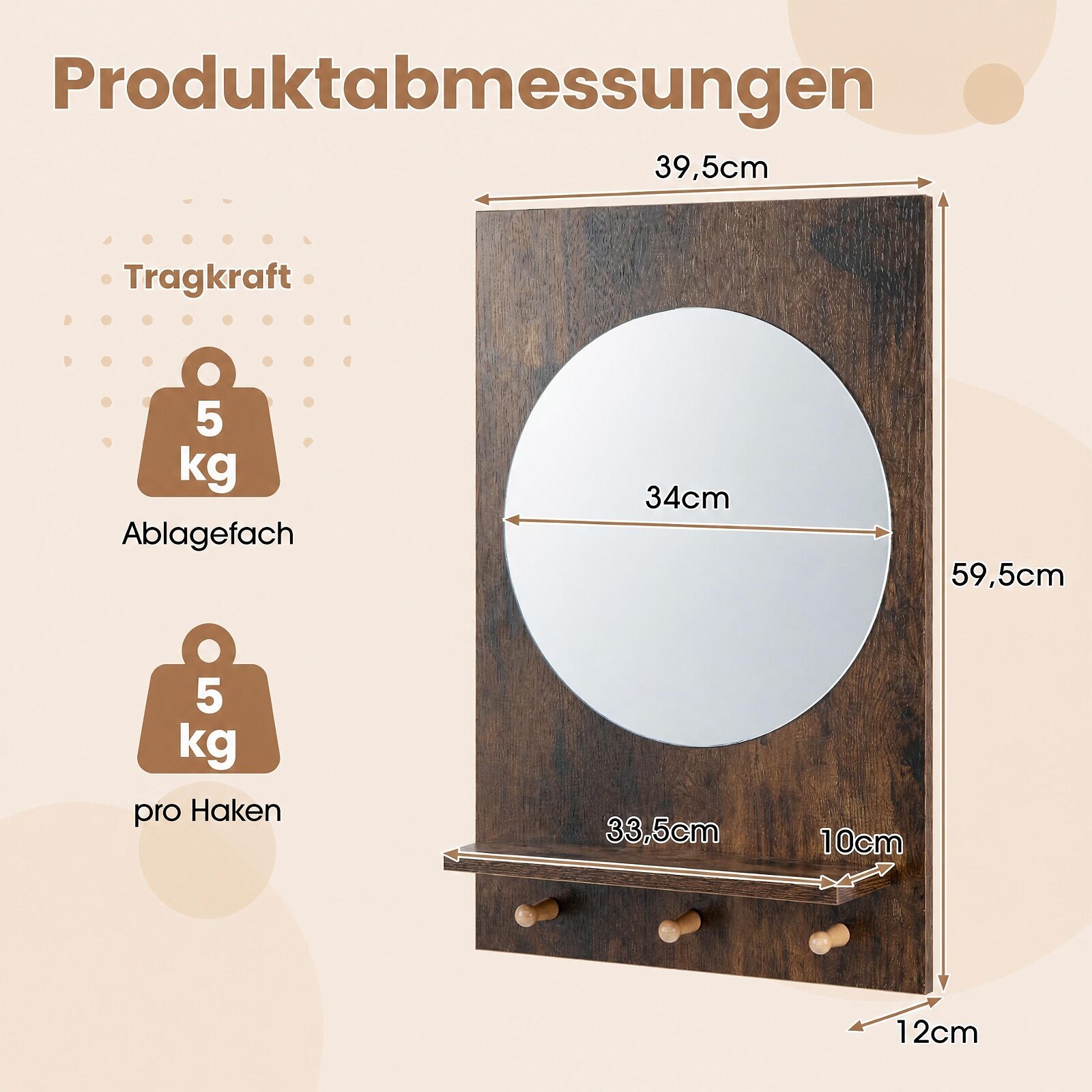 Bathroom Mirror with Storage Shelf and Hanging Hooks-Brown Bathroom Mirror with Storage Shelf and Hanging Hooks-Brown