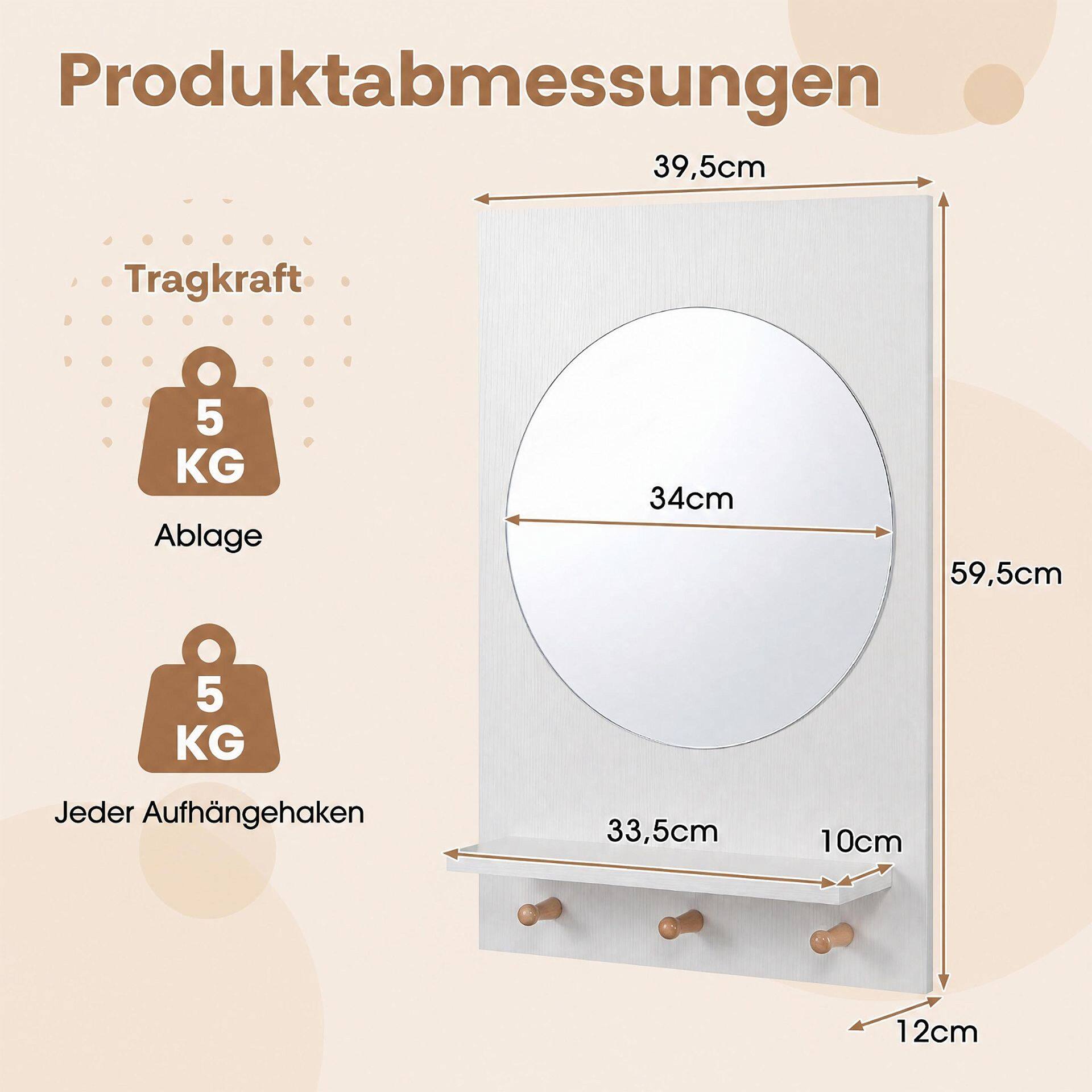 Bathroom Mirror with Storage Shelf and Hanging Hooks-White