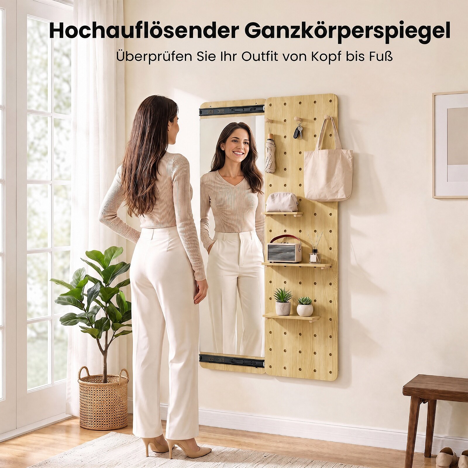 Solid Wood Full Length Mirror with Pegboard & Shelves and Hooks for Entryway-Natural
