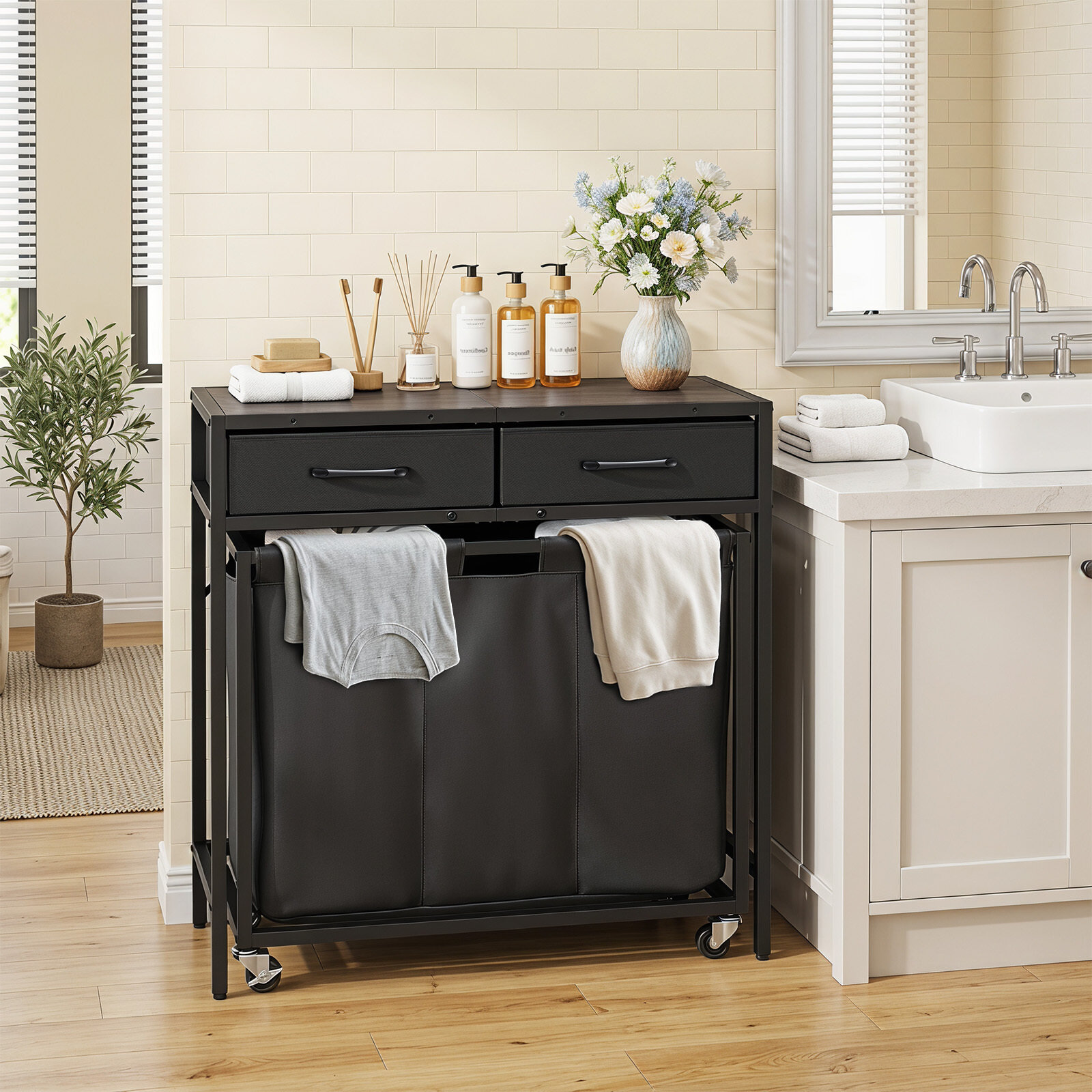 2-in-1 Laundry Basket Organizer with 3 Sections and Wheels-Rustic Brown