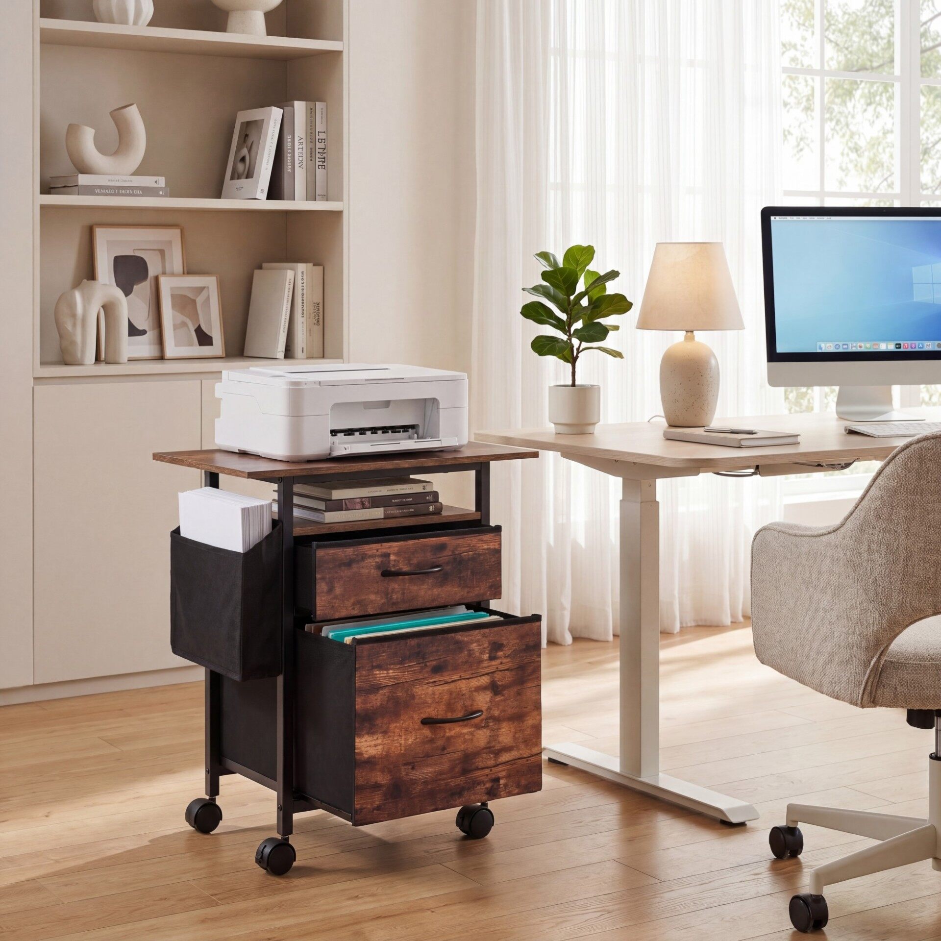 2-Drawer Mobile File Cabinet with Extended Tabletop and Open Storage Shelf-Rustic Brown 2-Drawer Mobile File Cabinet with Extended Tabletop and Open Storage Shelf-Rustic Brown