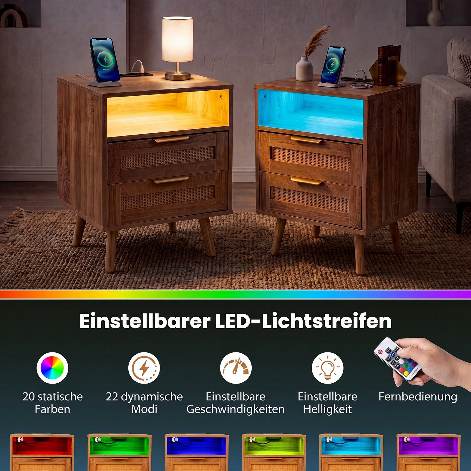 Öökapp laadimisjaama ja LED-tuledega, kahe sahtliga, rotangi imitatsiooniga abilaud, naturaalne