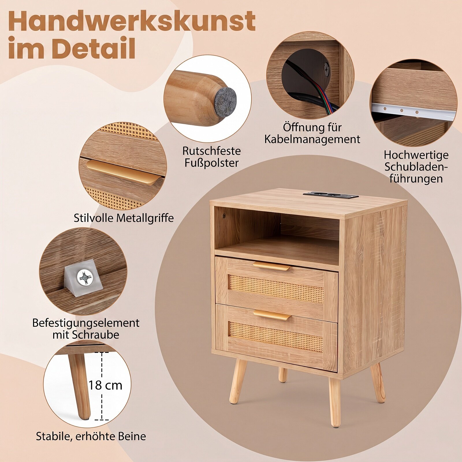Öökapp laadimisjaama ja LED-tuledega, kahe sahtliga, rotangi imitatsiooniga abilaud, naturaalne