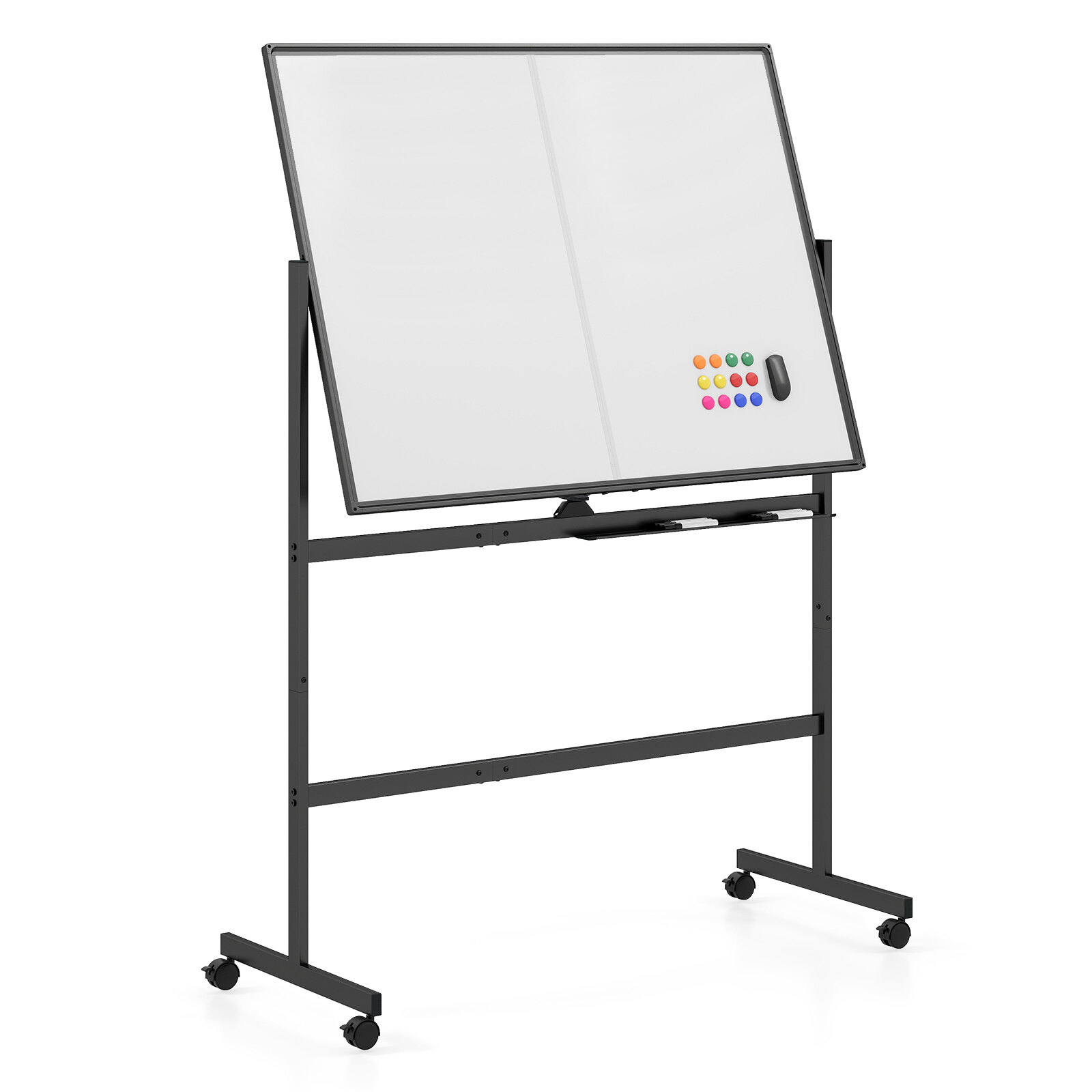 120 x 90 cm mobiilne valge tahvel lukustatavate universaalrataste ja kahepoolse magnetilise pinnaga – must