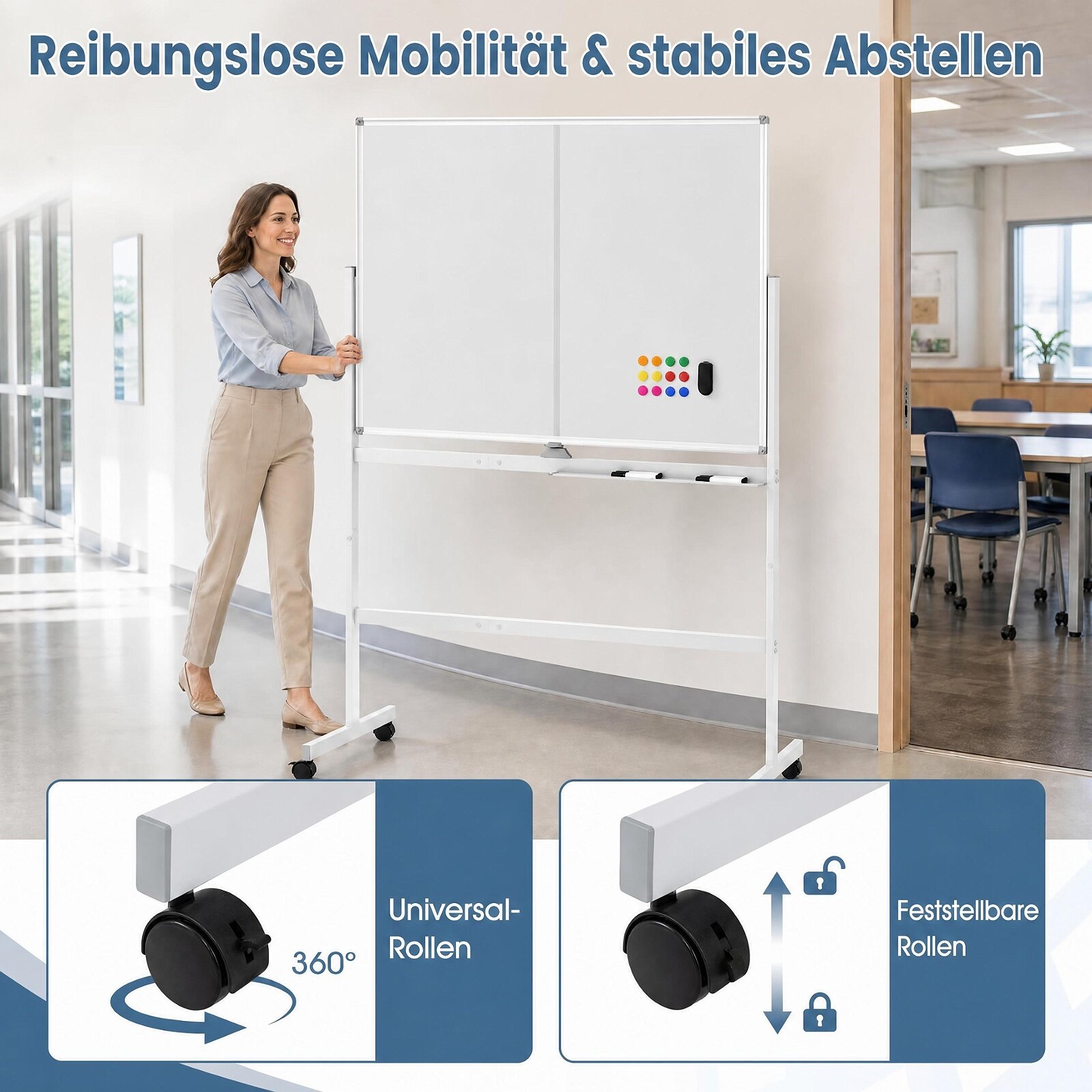 120 x 90 cm mobiilne valge tahvel lukustatavate universaalrataste ja kahepoolse magnetilise pinnaga – must