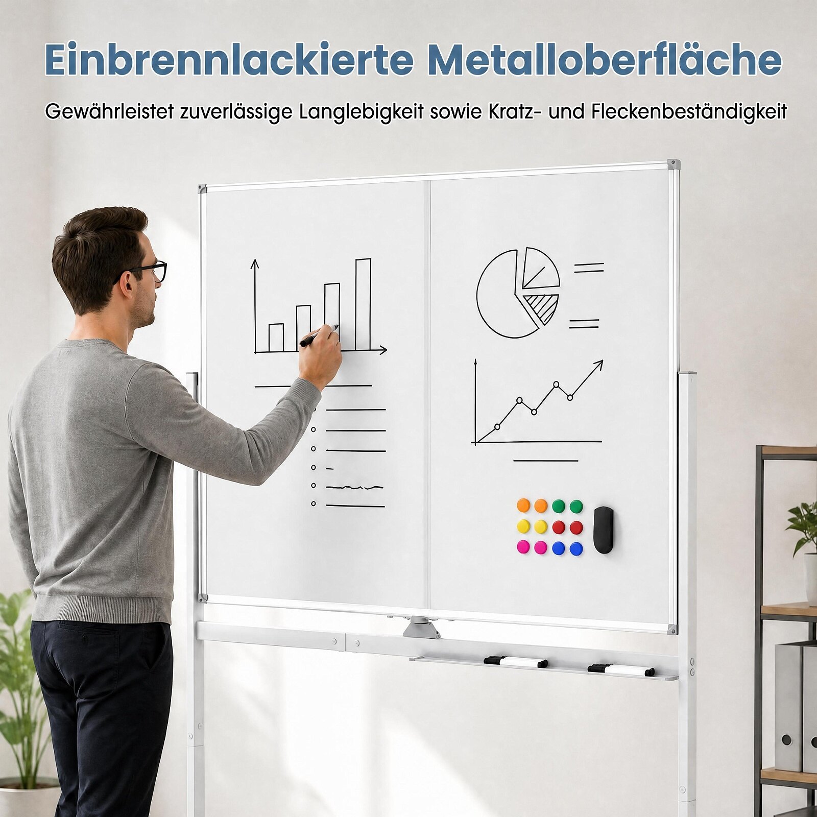 120 x 90 cm mobiilne valge tahvel lukustatavate universaalrataste ja kahepoolse magnetilise pinnaga – must