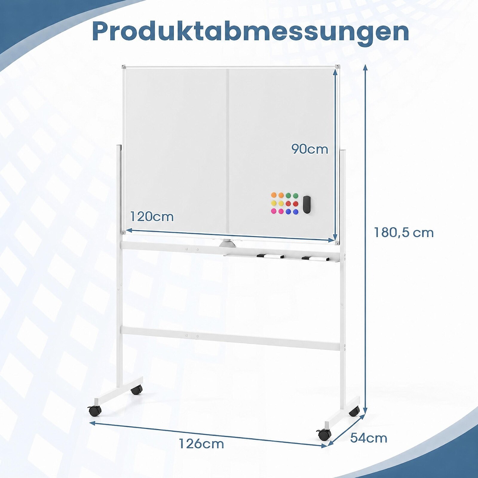 120 x 90 cm mobiilne valge tahvel lukustatavate universaalrataste ja kahepoolse magnetilise pinnaga – must