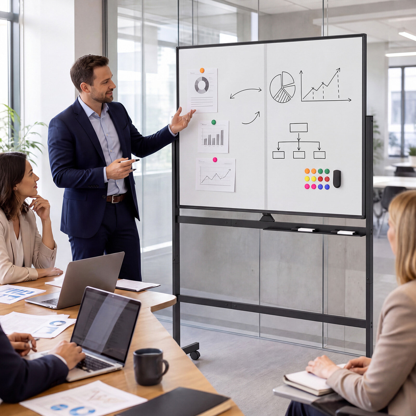 120 x 90 cm mobiilne valge tahvel lukustatavate universaalrataste ja kahepoolse magnetilise pinnaga – must