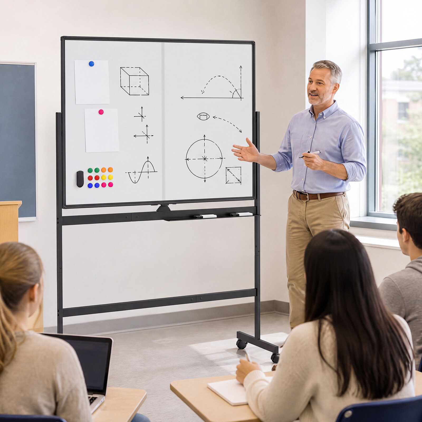 120 x 90 cm mobiilne valge tahvel lukustatavate universaalrataste ja kahepoolse magnetilise pinnaga – must